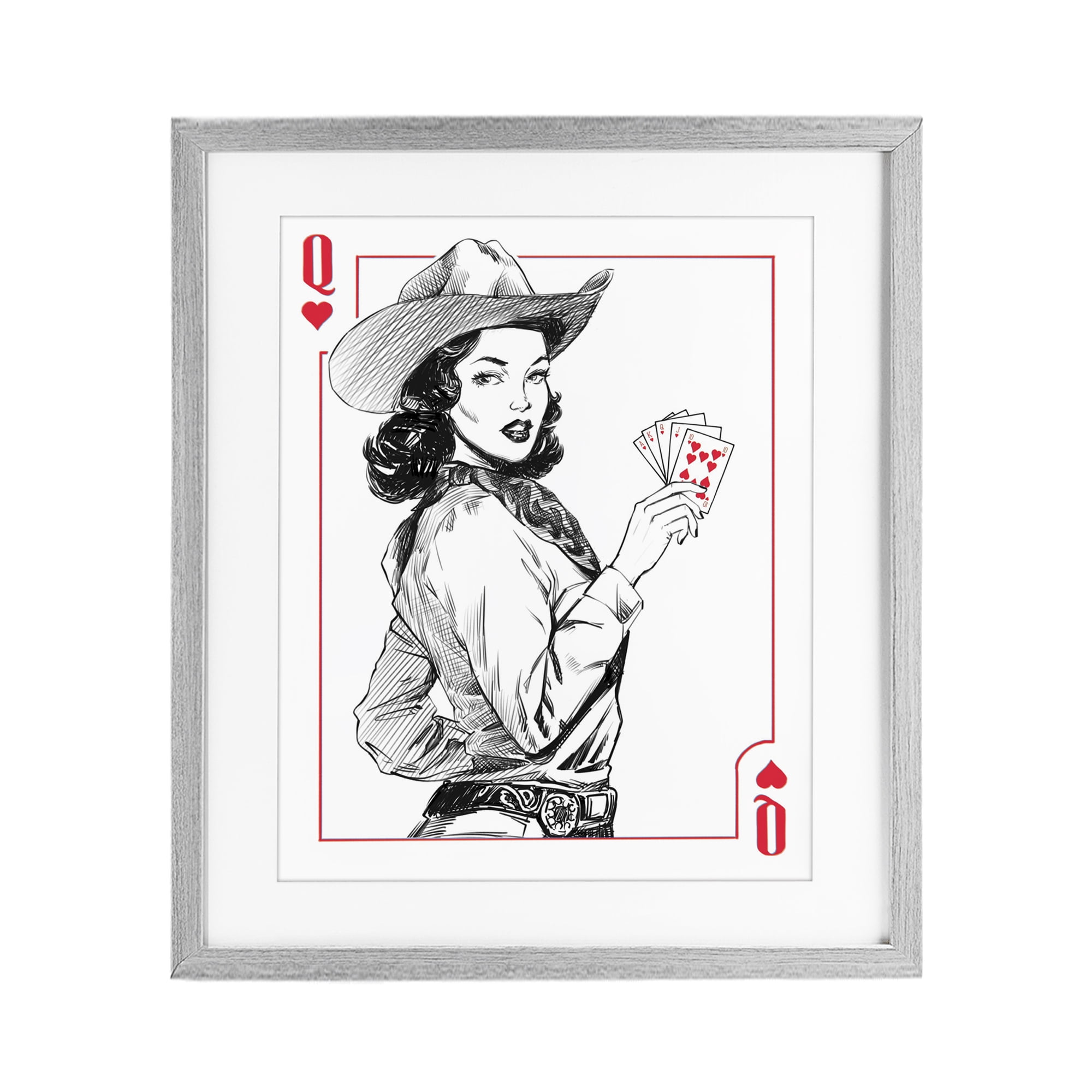 Stupell Industries Cowgirl Queen of Hearts Gray Framed Print Under Glass, design by Ziwei Li