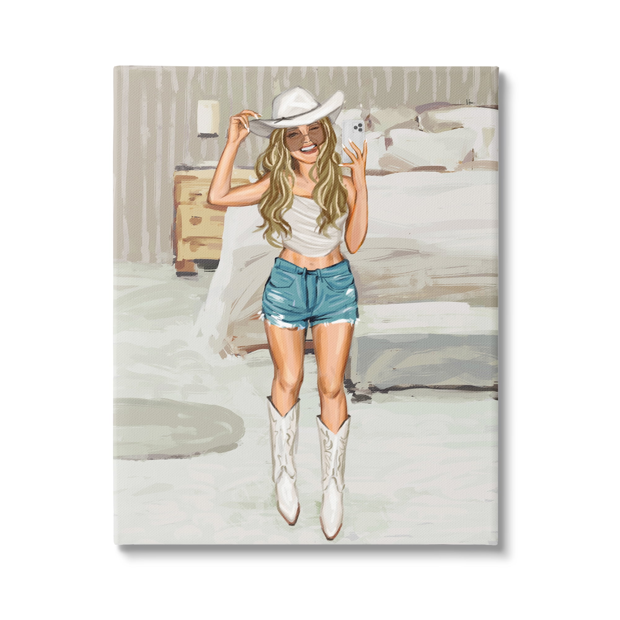 Stupell Industries Cowgirl Selfie Portrait Beauty & Fashion Painting Gallery Wrapped Canvas Art Print Wall Art, 24 x 30