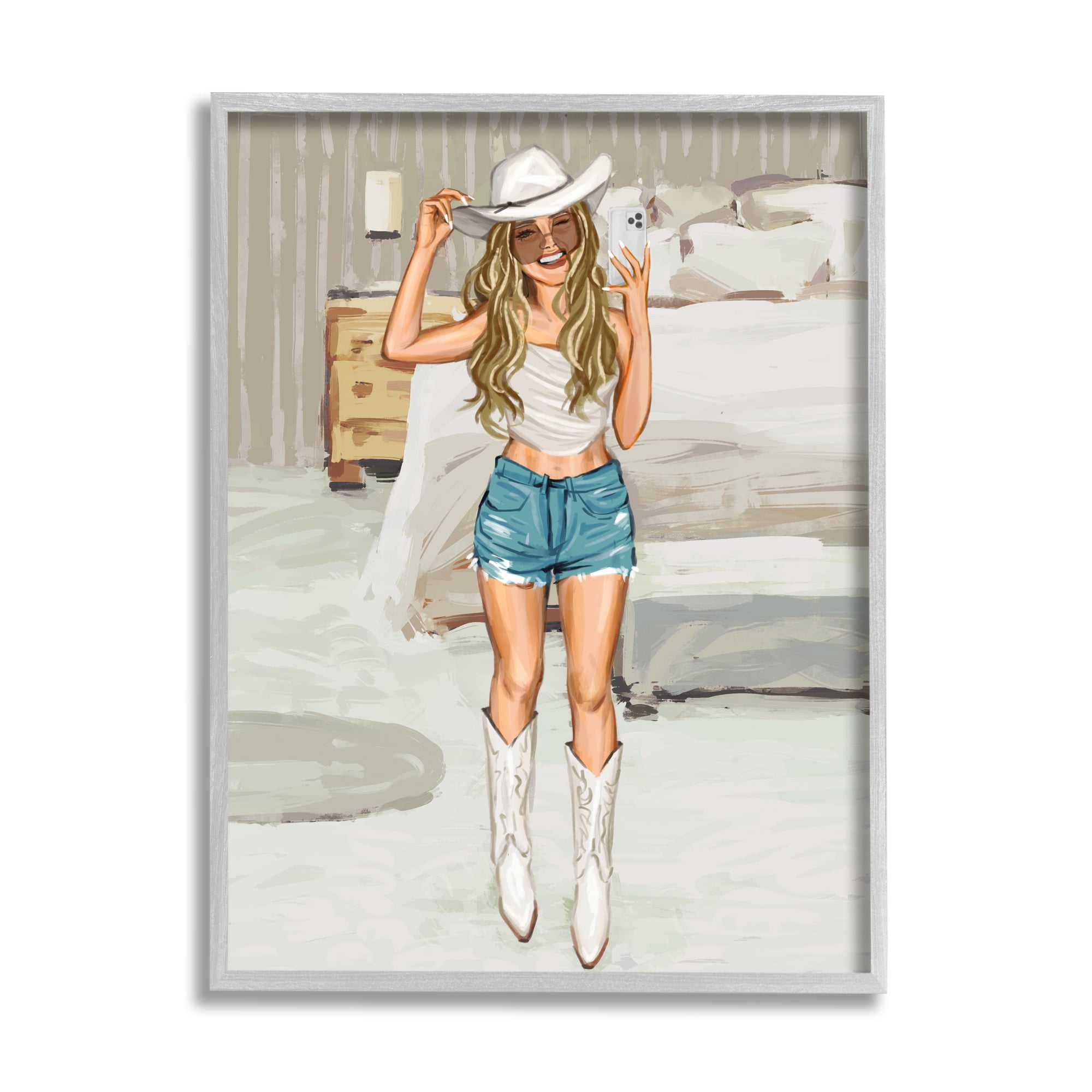 Stupell Industries Cowgirl Selfie Portrait Beauty & Fashion Painting Gray Framed Art Print Wall Art, 24 x 30
