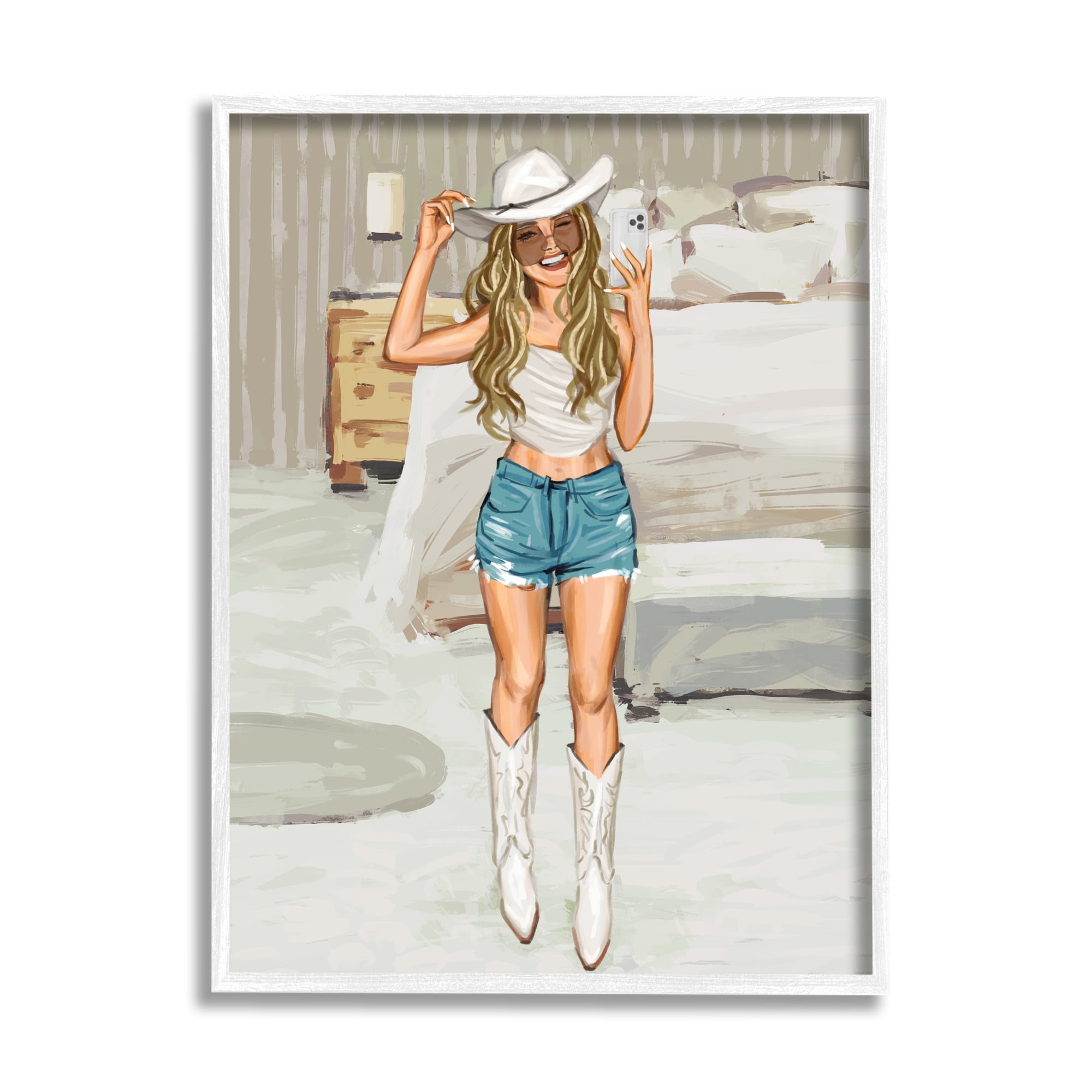 Stupell Industries Cowgirl Selfie Portrait Beauty & Fashion Painting White Framed Art Print Wall Art, 24 x 30