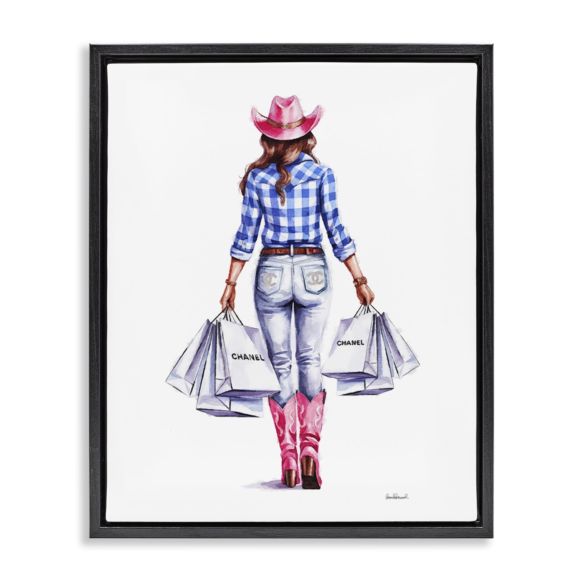 Stupell Industries Cowgirl & Shopping Bags People Painting Black Floater Framed Canvas Art Print Wall Art, 17 x 21