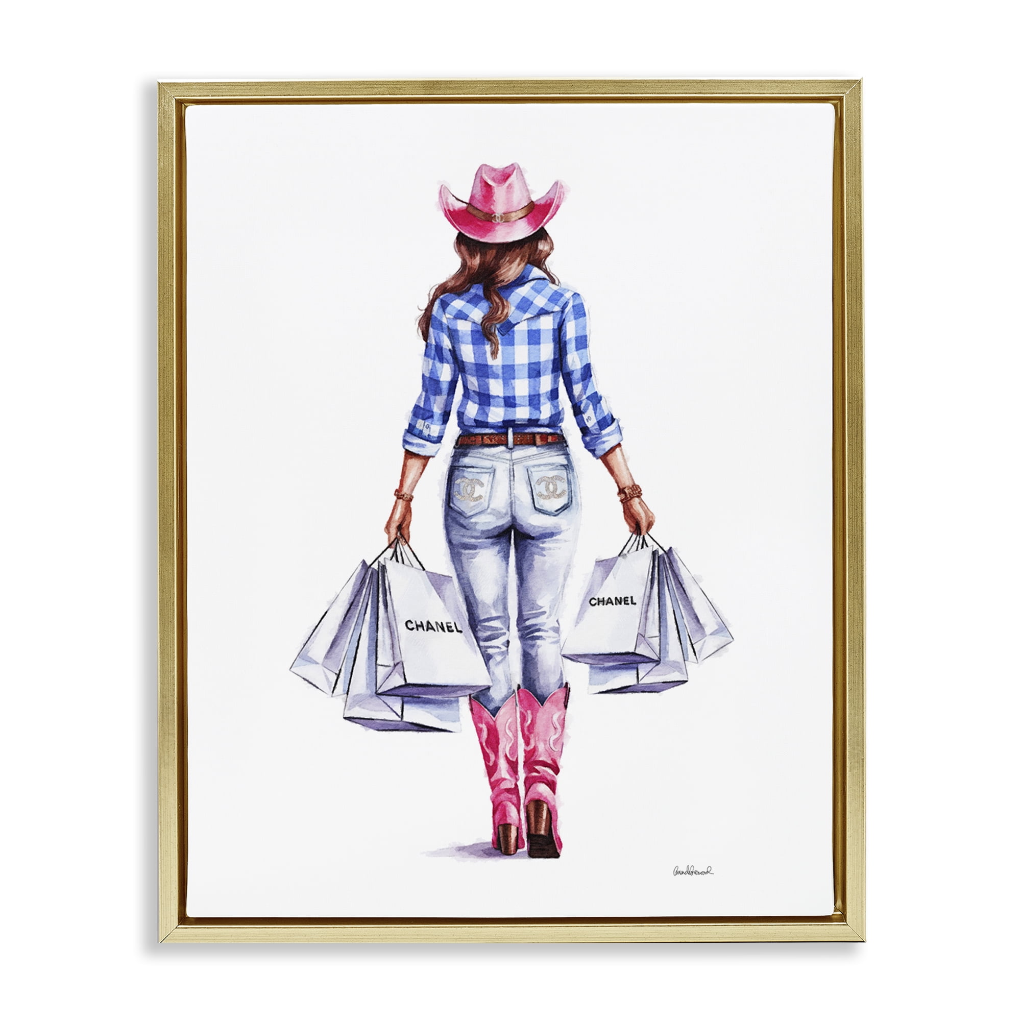 Stupell Industries Cowgirl & Shopping Bags People Painting Gold Floater Framed Canvas Art Print Wall Art, 17 x 21