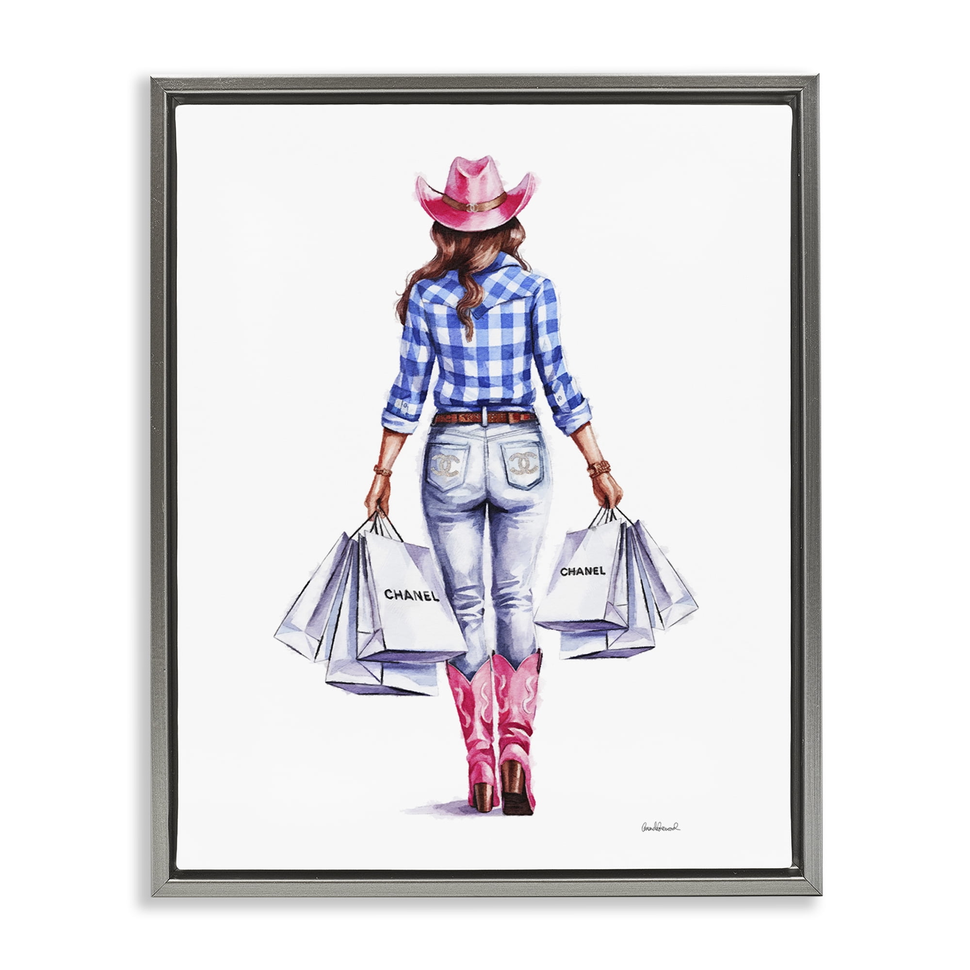 Stupell Industries Cowgirl & Shopping Bags People Painting Gray Floater Framed Canvas Art Print Wall Art, 25 x 31