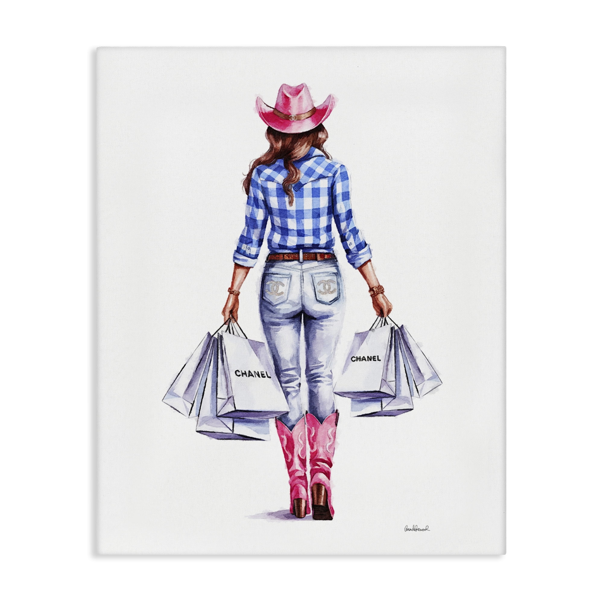 Stupell Industries Cowgirl & Shopping Bags People Painting Wrapped Canvas Art Print Wall Art, 36 x 48