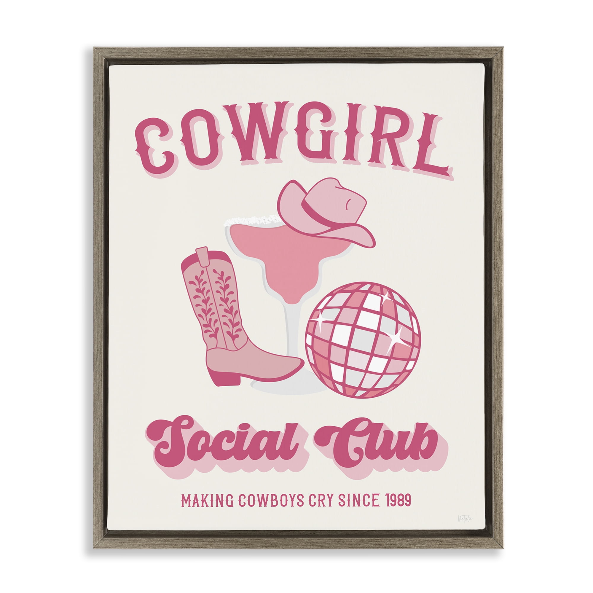 Stupell Industries Cowgirl Social Club Entertainment Painting Brown Floater Framed Canvas Art Print Wall Art, 17 x 21