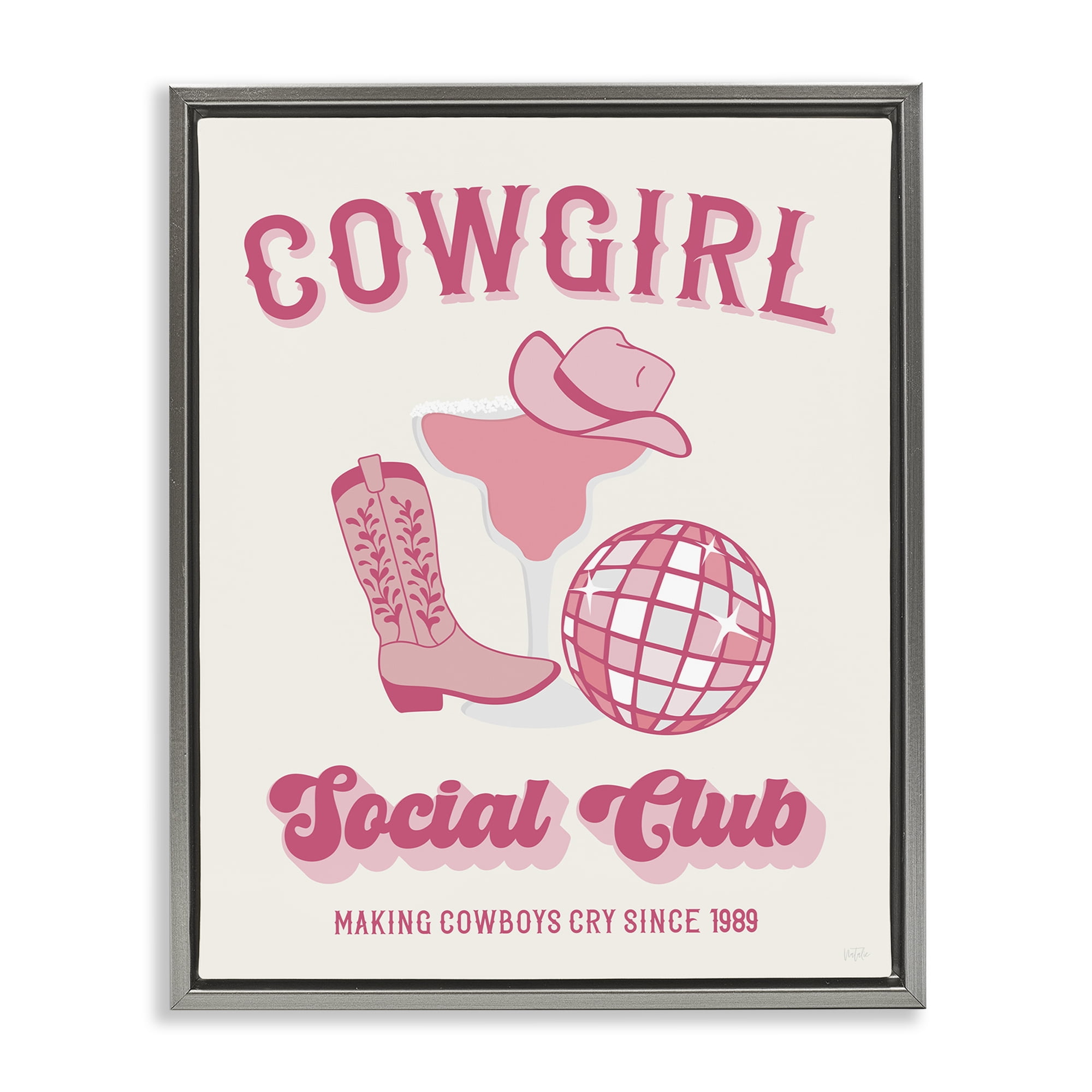 Stupell Industries Cowgirl Social Club Entertainment Painting Gray Floater Framed Canvas Art Print Wall Art, 17 x 21