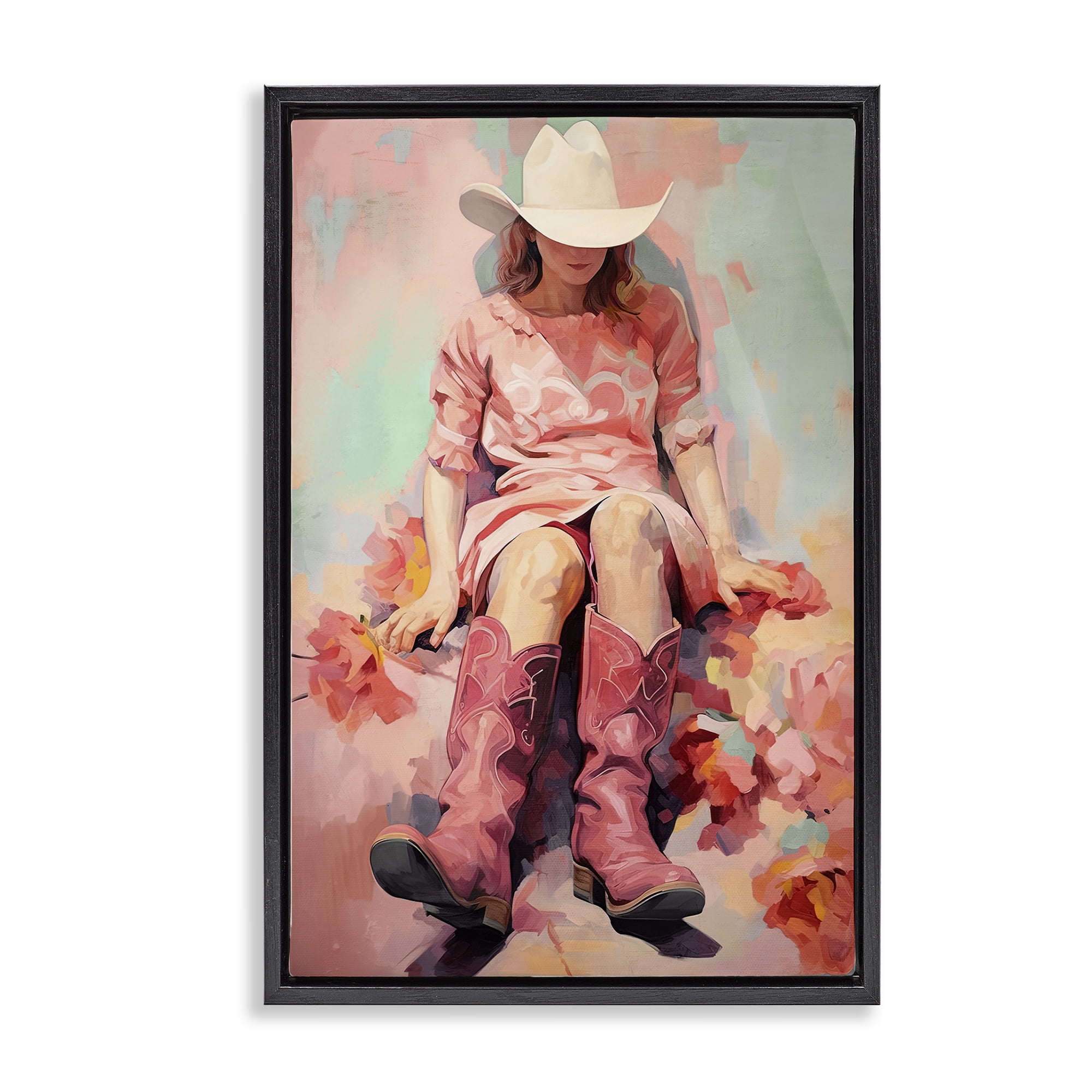 Stupell Industries Cowgirl & Soft Florals Novelty Painting Black Floater Framed Canvas Art Print Wall Art, 21 x 31