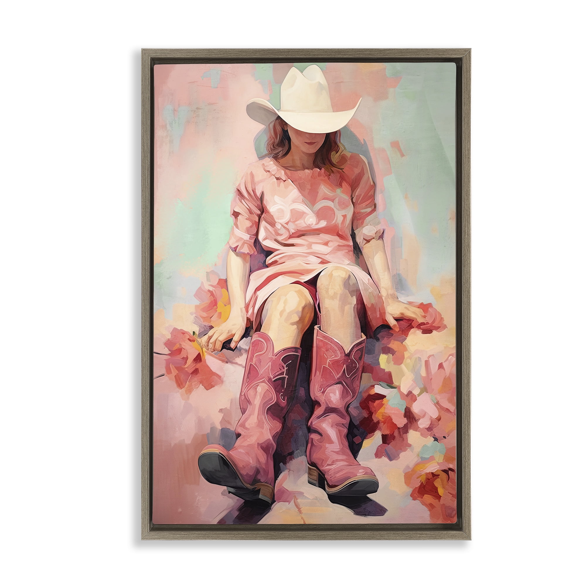 Stupell Industries Cowgirl & Soft Florals Novelty Painting Brown Floater Framed Canvas Art Print Wall Art, 21 x 31