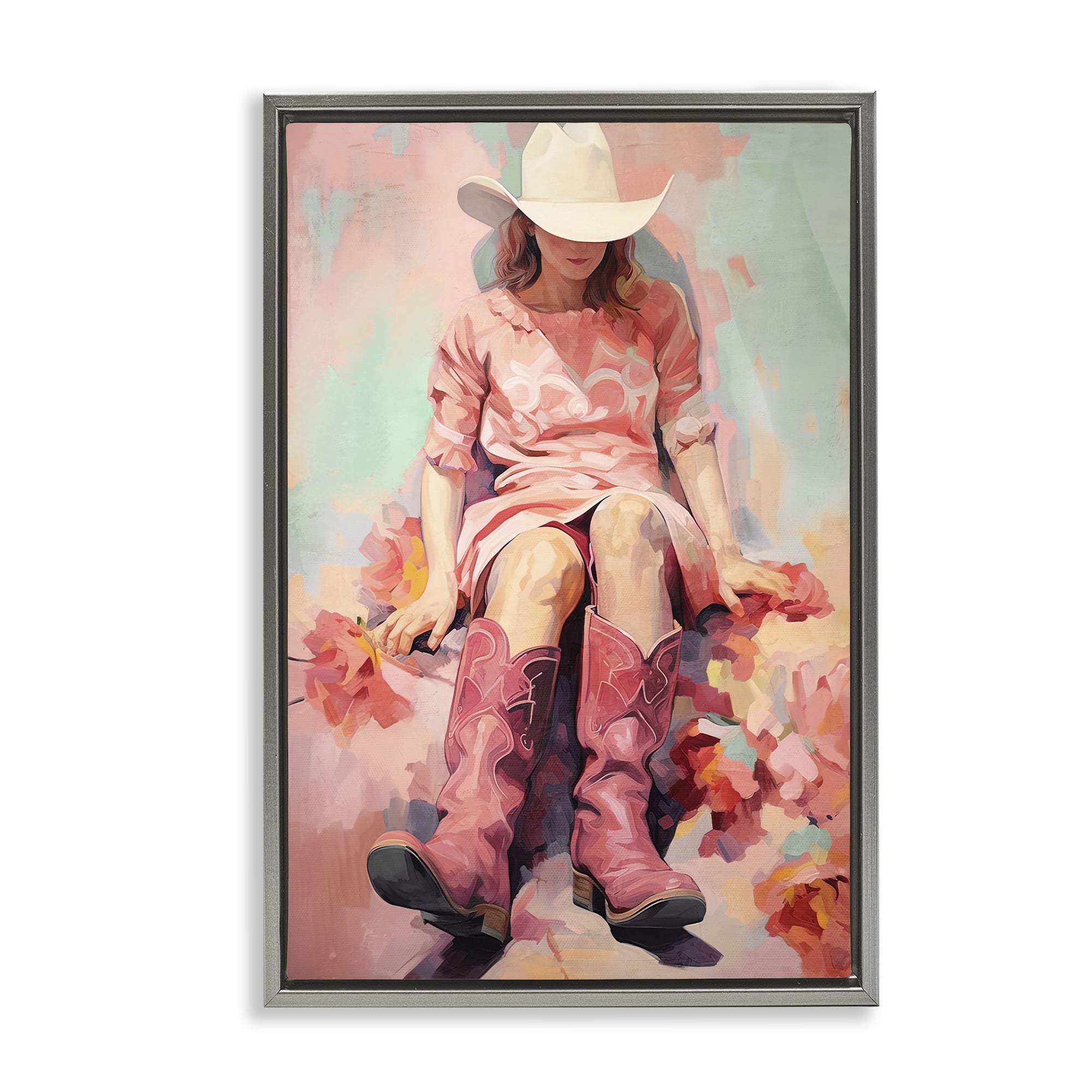 Stupell Industries Cowgirl & Soft Florals Novelty Painting Gray Floater Framed Canvas Art Print Wall Art, 17 x 25