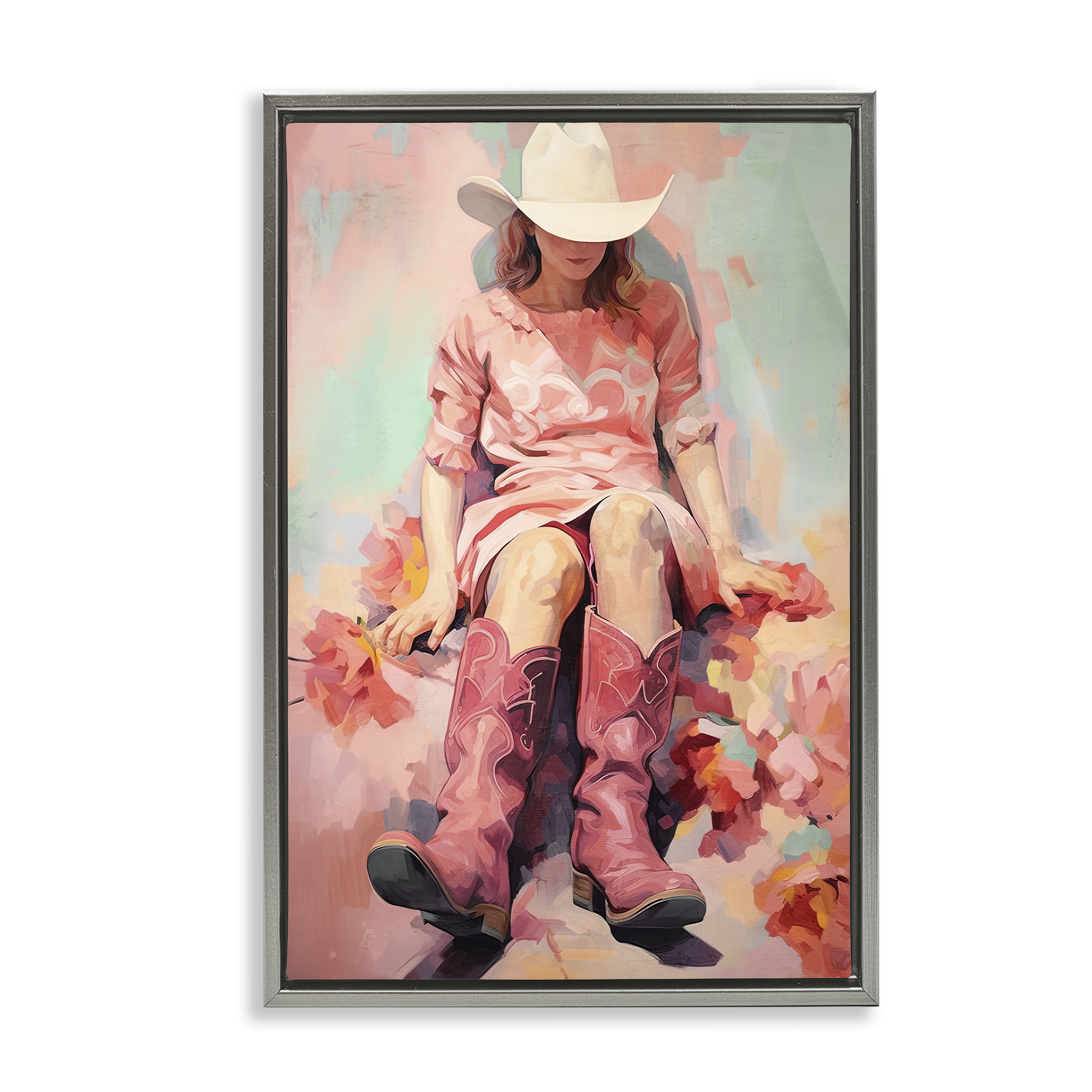 Stupell Industries Cowgirl & Soft Florals Novelty Painting Gray Floater Framed Canvas Art Print Wall Art, 21 x 31