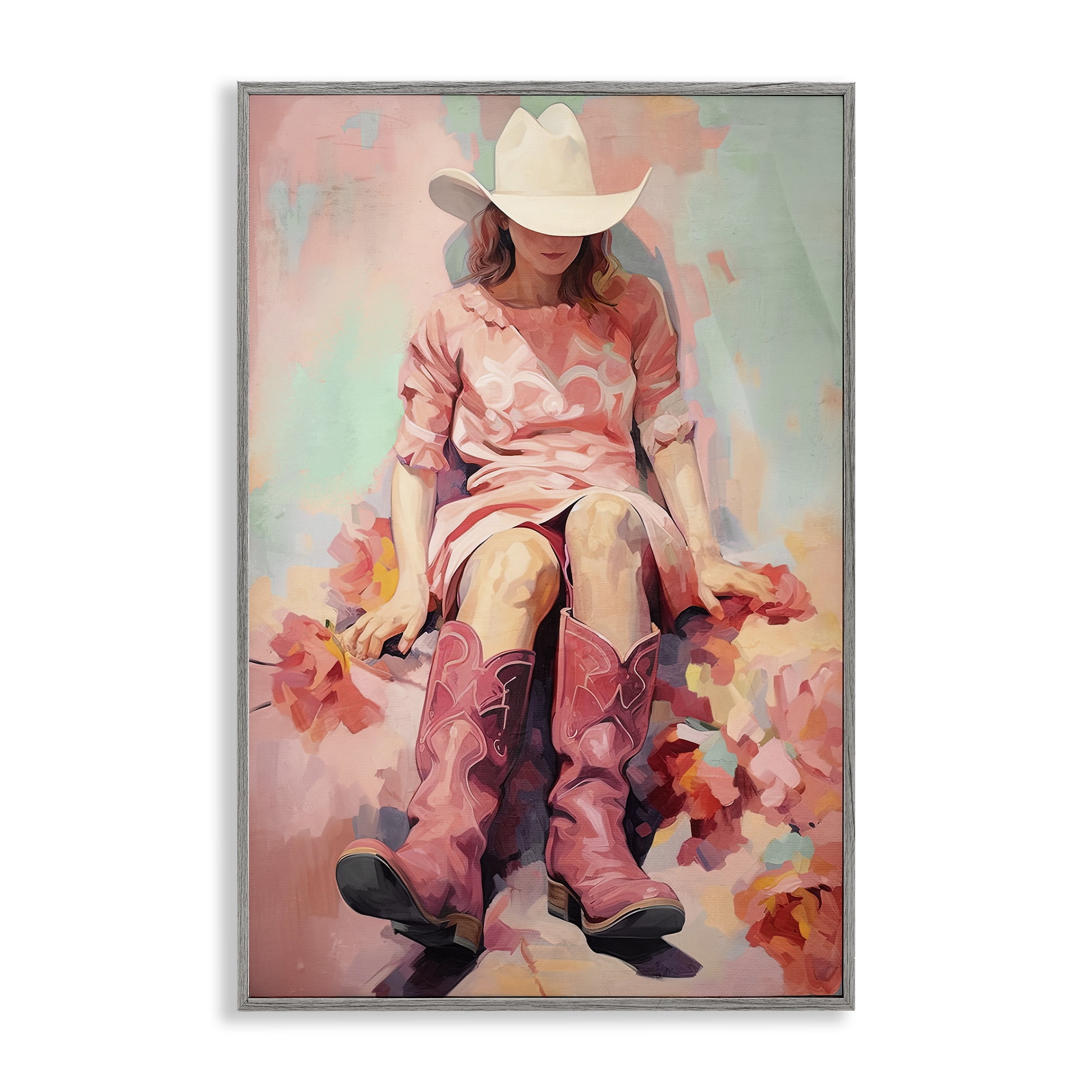 Stupell Industries Cowgirl & Soft Florals Novelty Painting Gray Framed Art Print Wall Art, 16 x 24