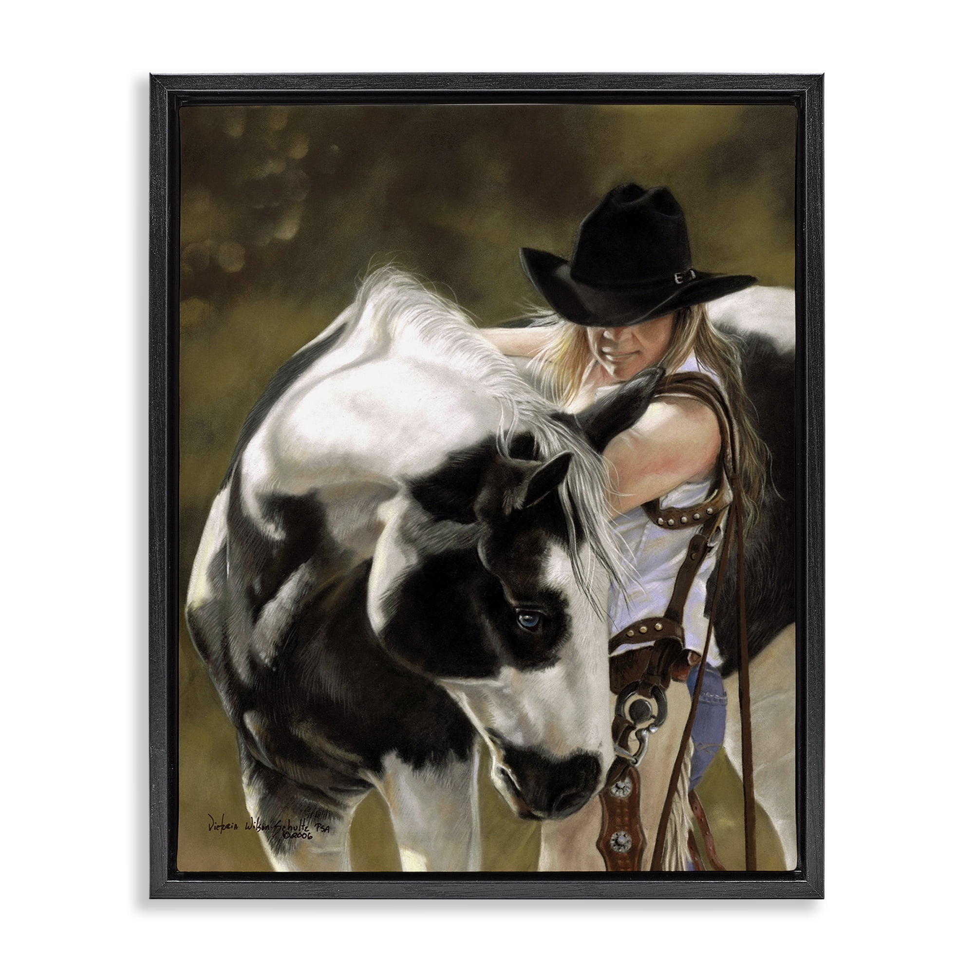 Stupell Industries Cowgirl & Spotted Horse Animals & Insects Painting Black Floater Framed Canvas Art Print Wall Art, 25 x 31