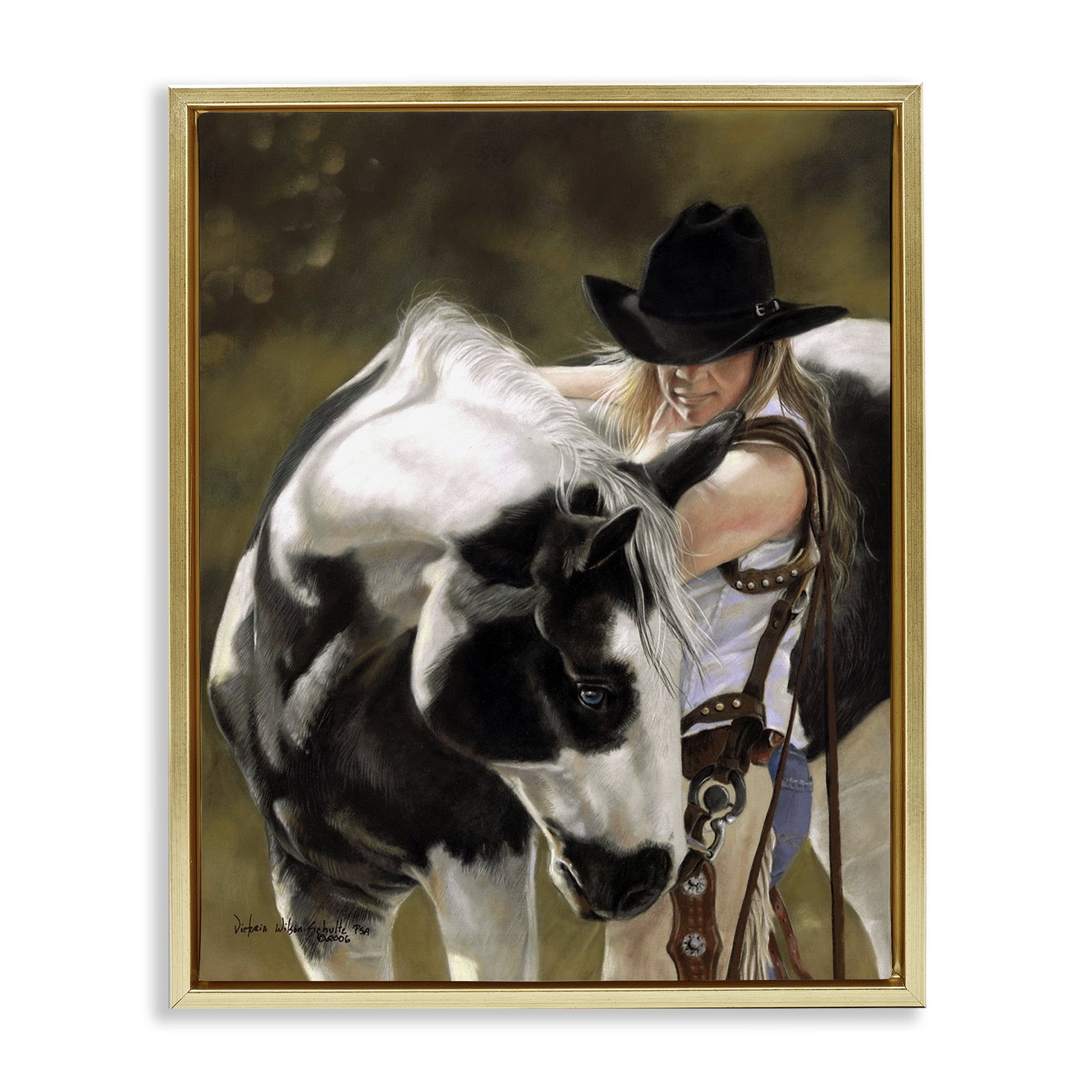 Stupell Industries Cowgirl & Spotted Horse Animals & Insects Painting Gold Floater Framed Canvas Art Print Wall Art, 25 x 31