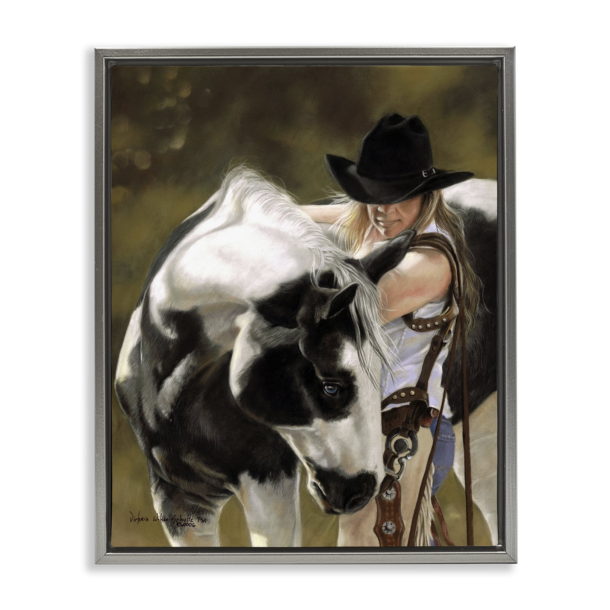 Stupell Industries Cowgirl & Spotted Horse Animals & Insects Painting Gray Floater Framed Canvas Art Print Wall Art, 17 x 21