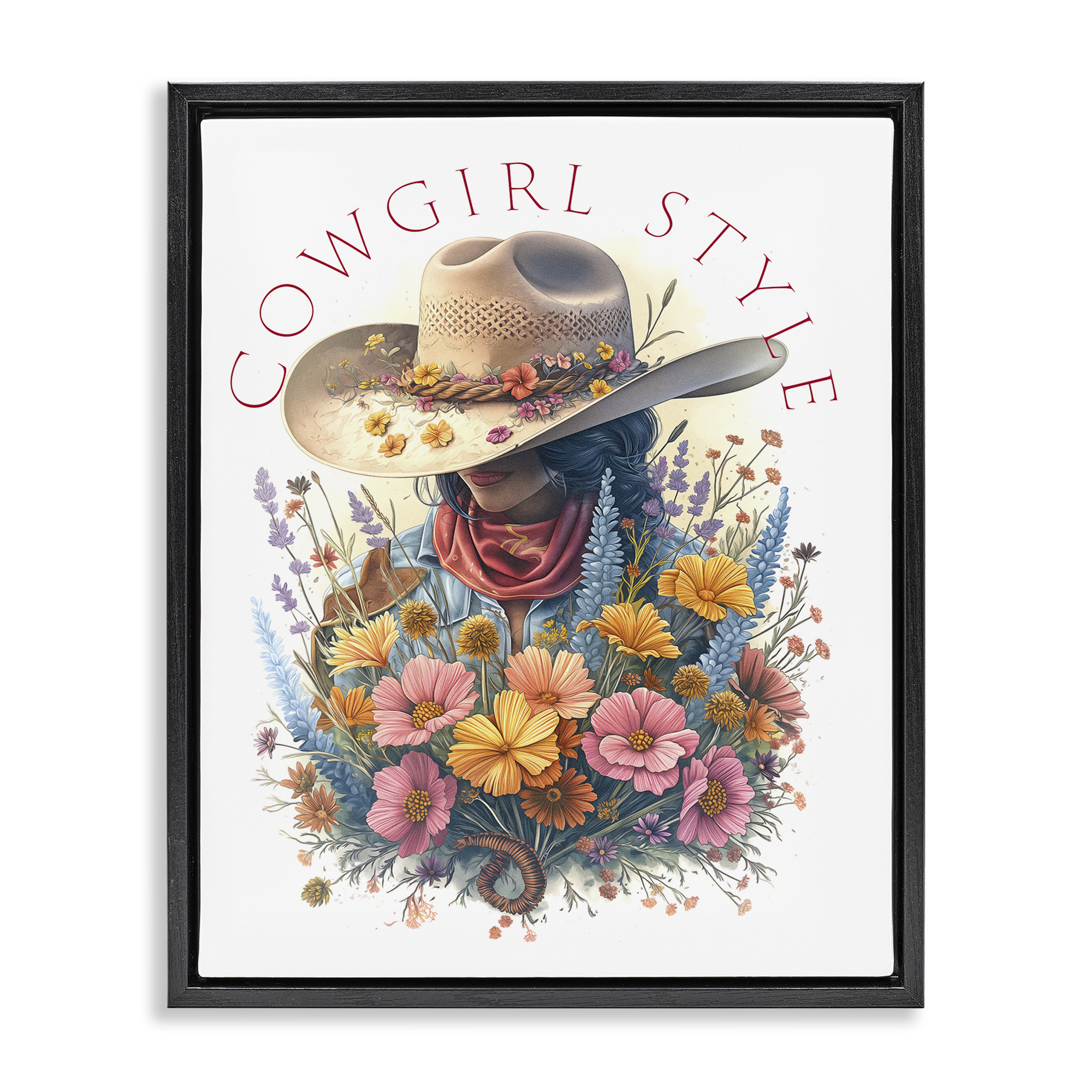 Stupell Industries Cowgirl Style with Florals People Painting Black Floater Framed Canvas Art Print Wall Art, 17 x 21