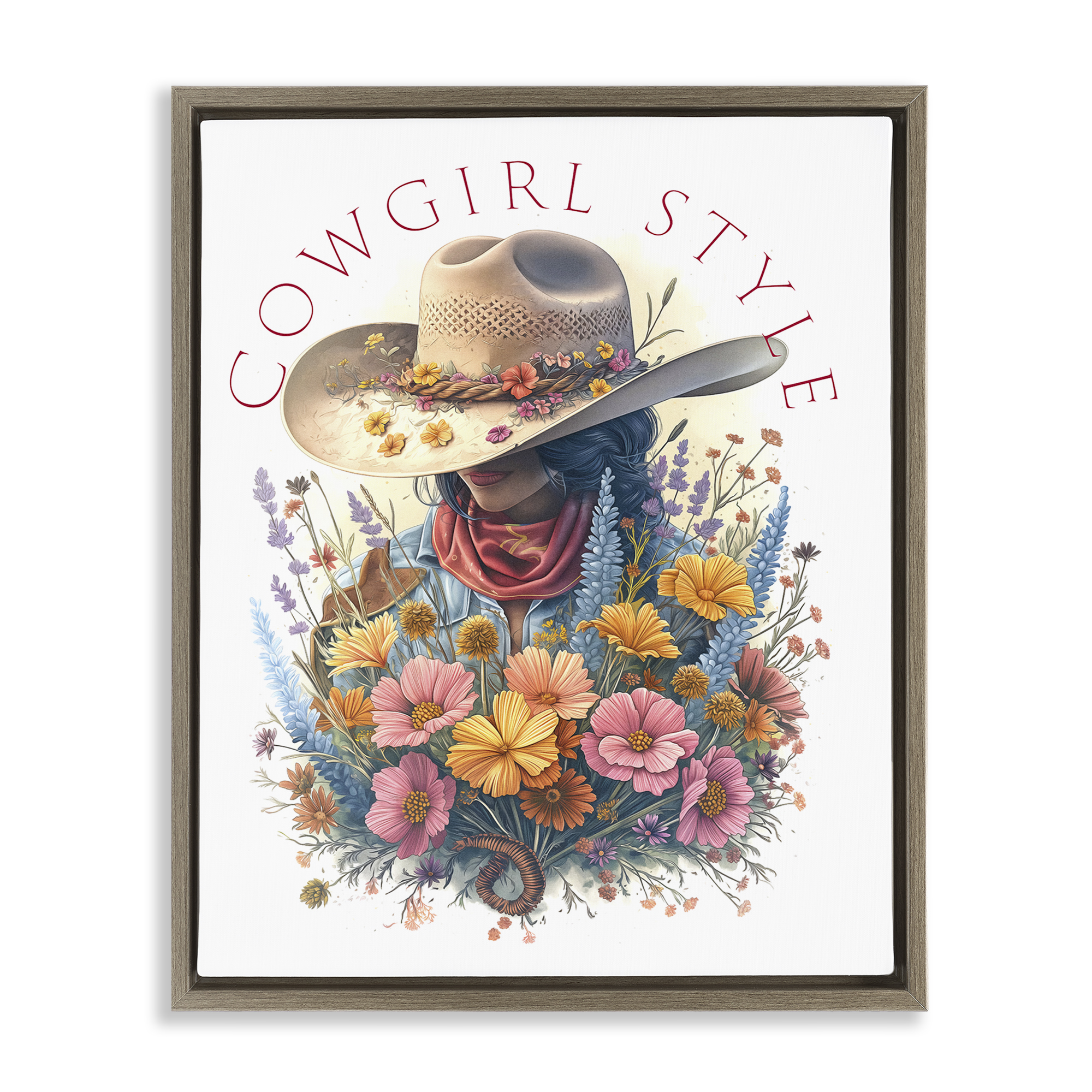 Stupell Industries Cowgirl Style with Florals People Painting Brown Floater Framed Canvas Art Print Wall Art, 17 x 21