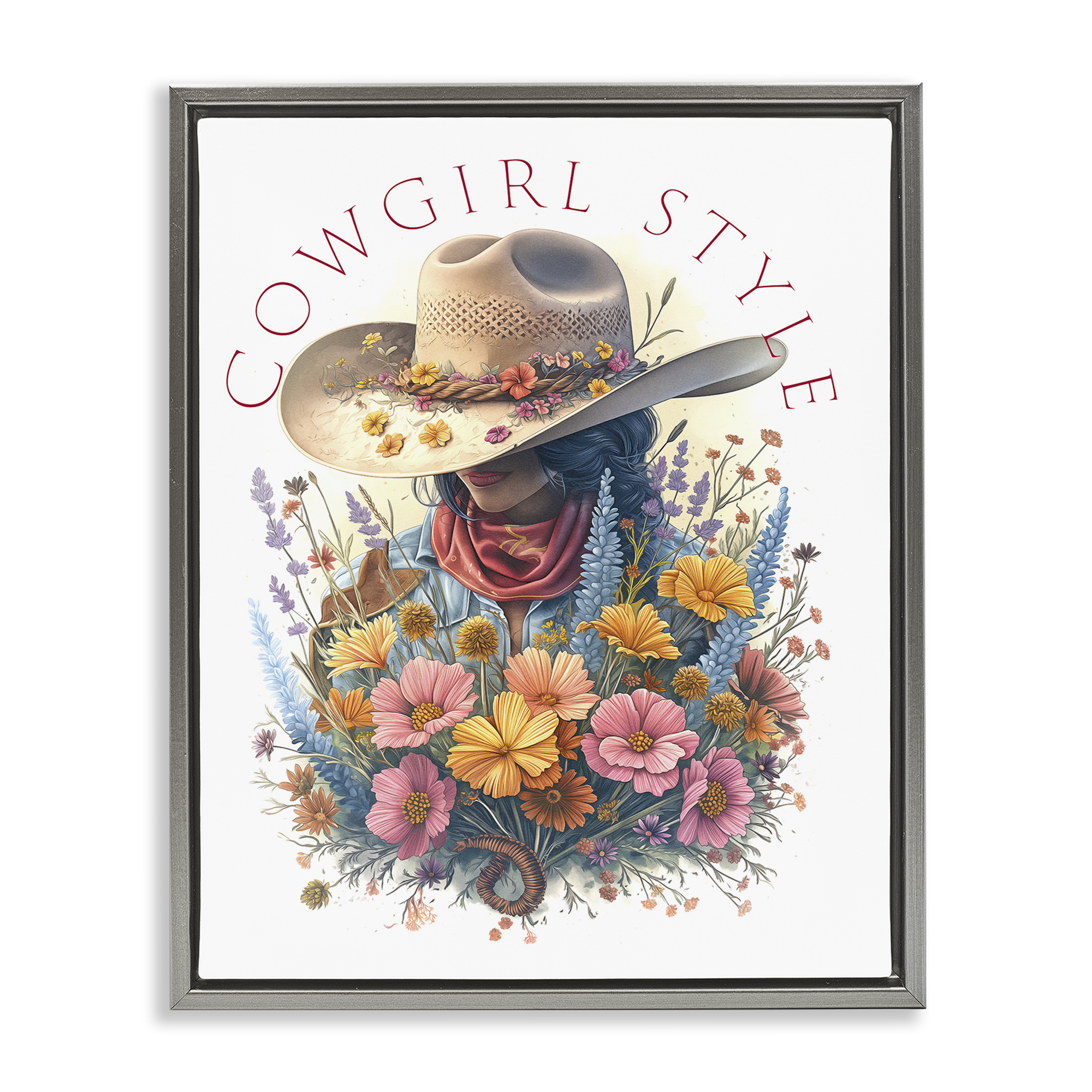 Stupell Industries Cowgirl Style with Florals People Painting Gray Floater Framed Canvas Art Print Wall Art, 25 x 31