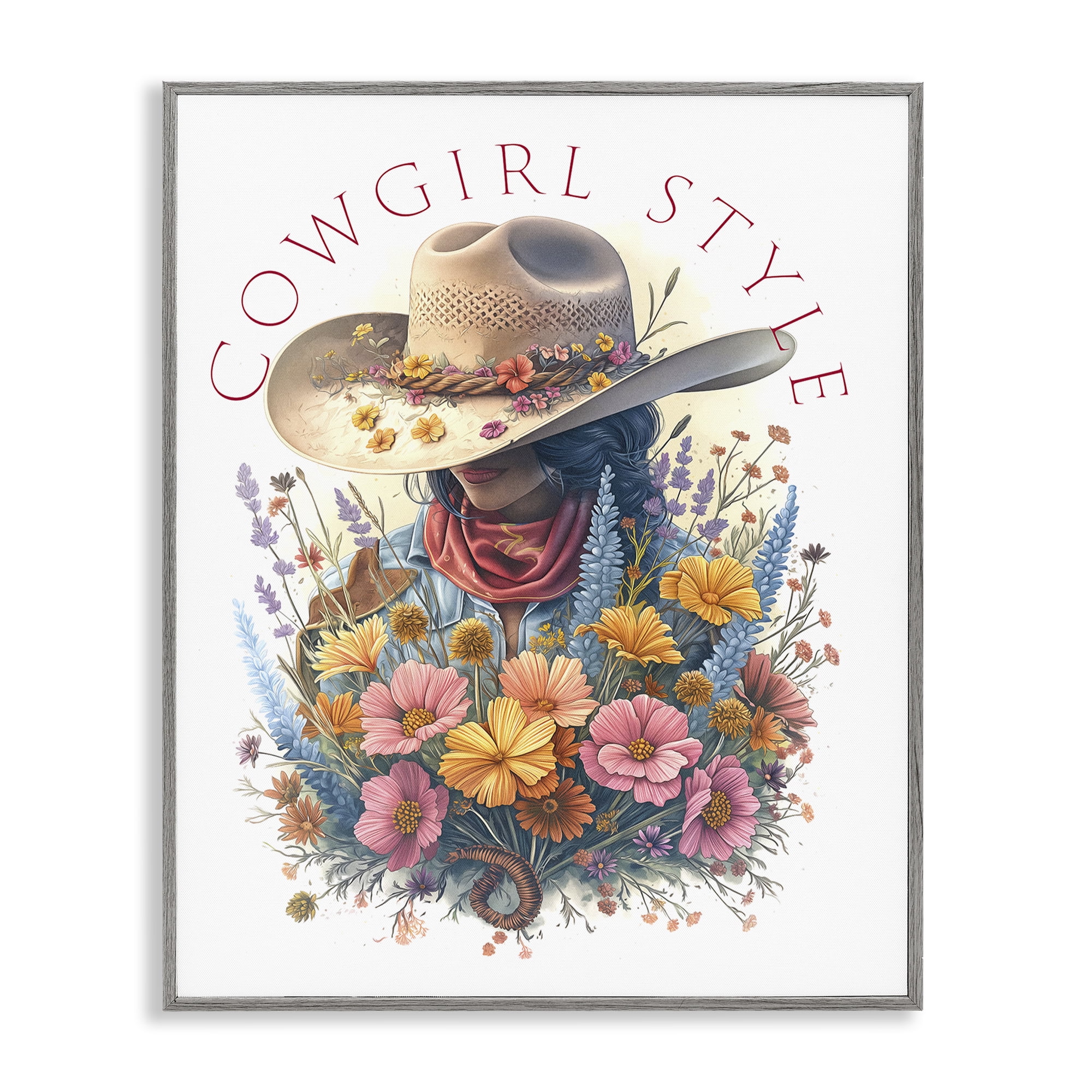 Stupell Industries Cowgirl Style with Florals People Painting Gray Framed Art Print Wall Art, 16 x 20