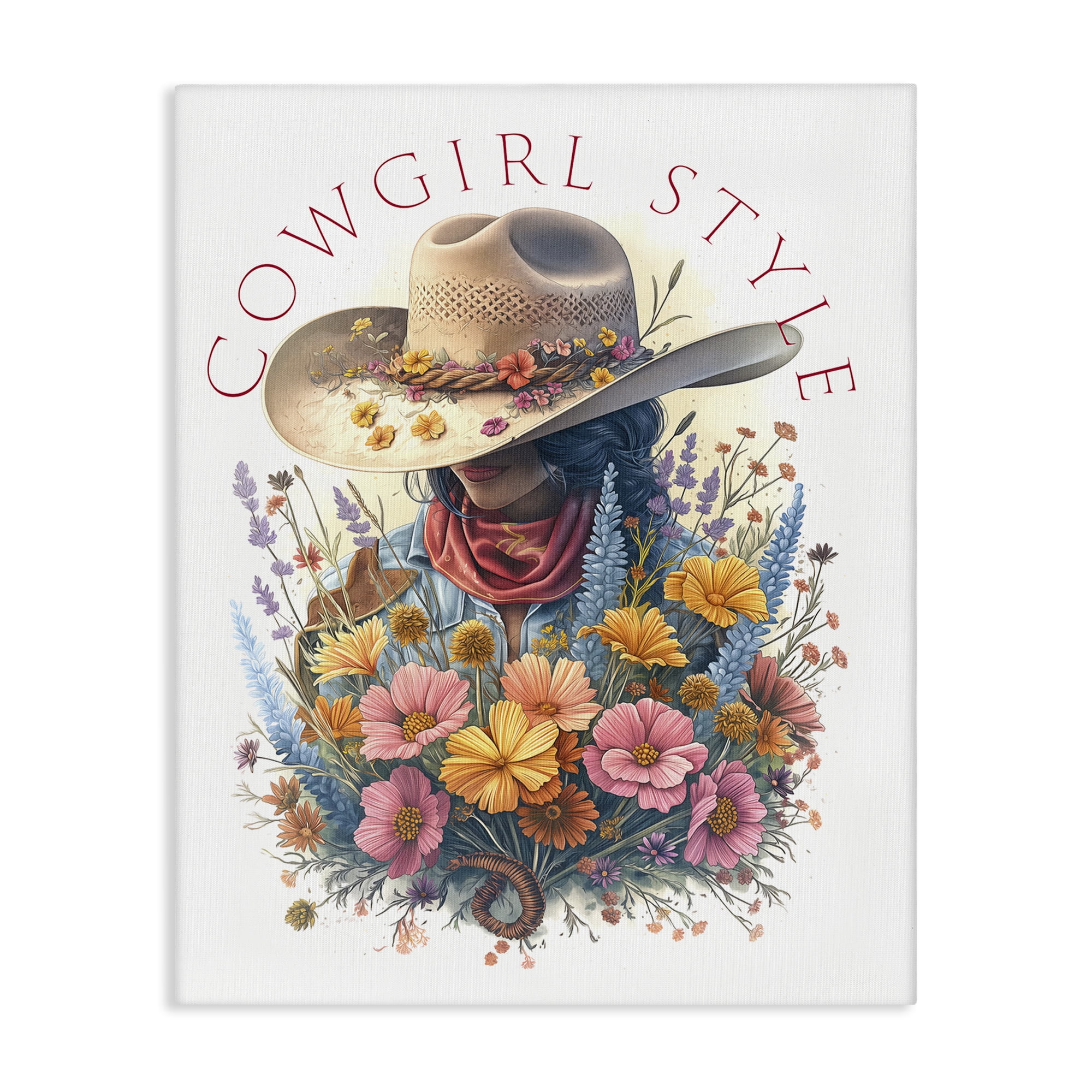 Stupell Industries Cowgirl Style with Florals People Painting Wrapped Canvas Art Print Wall Art, 36 x 48