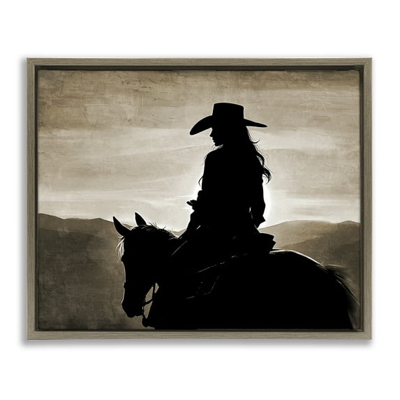 Stupell Industries Cowgirl Sunset Sepia Portrait People Painting Brown Floater Framed Canvas Art Print Wall Art, 31 x 25
