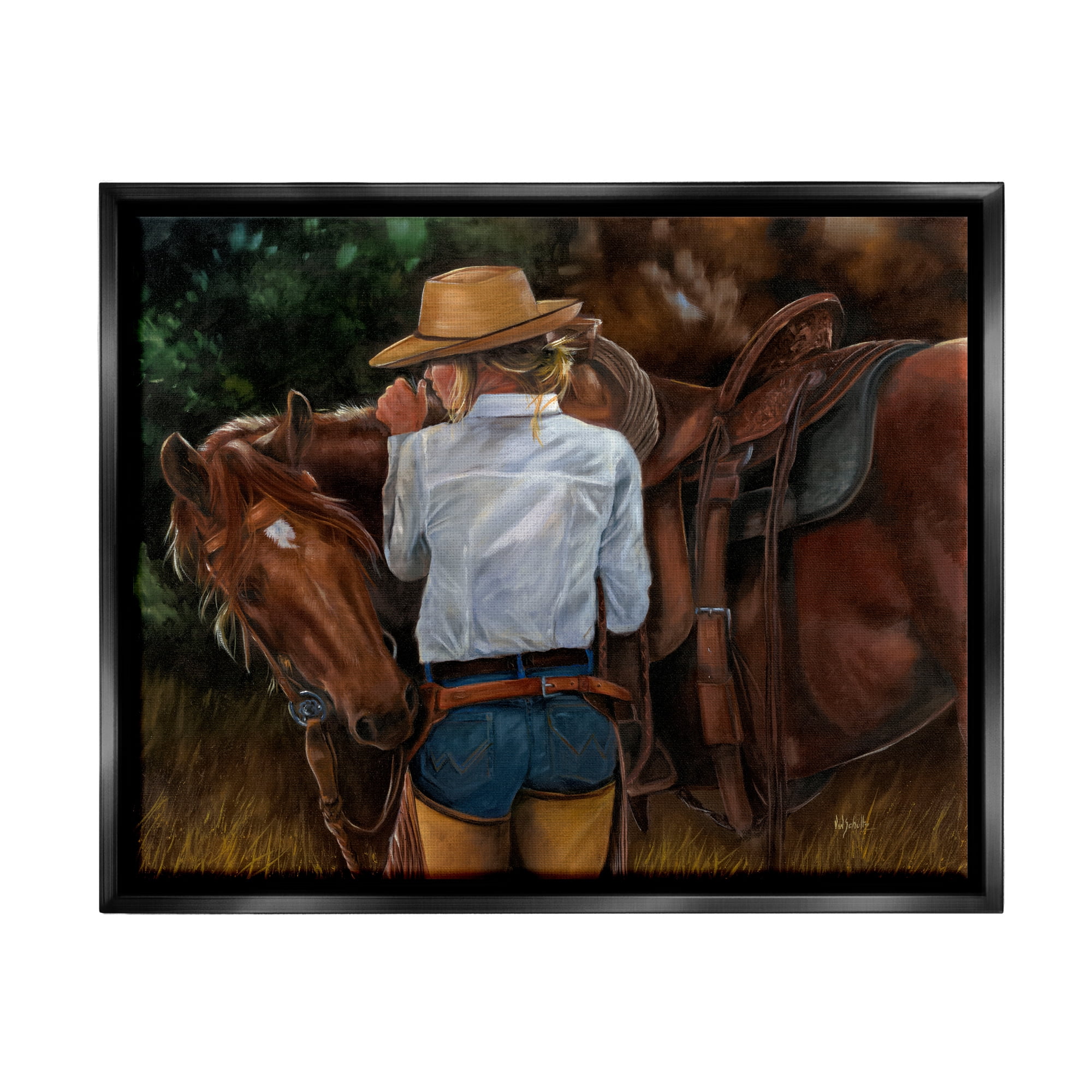 Stupell Industries Cowgirl Tending to Horse Animals & Insects Painting Black Floater Framed Canvas Art Print Wall Art, 31 x 25