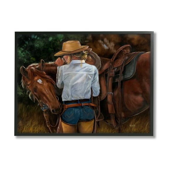 Stupell Industries Cowgirl Tending to Horse Animals & Insects Painting Black Framed Art Print Wall Art, 14 x 11