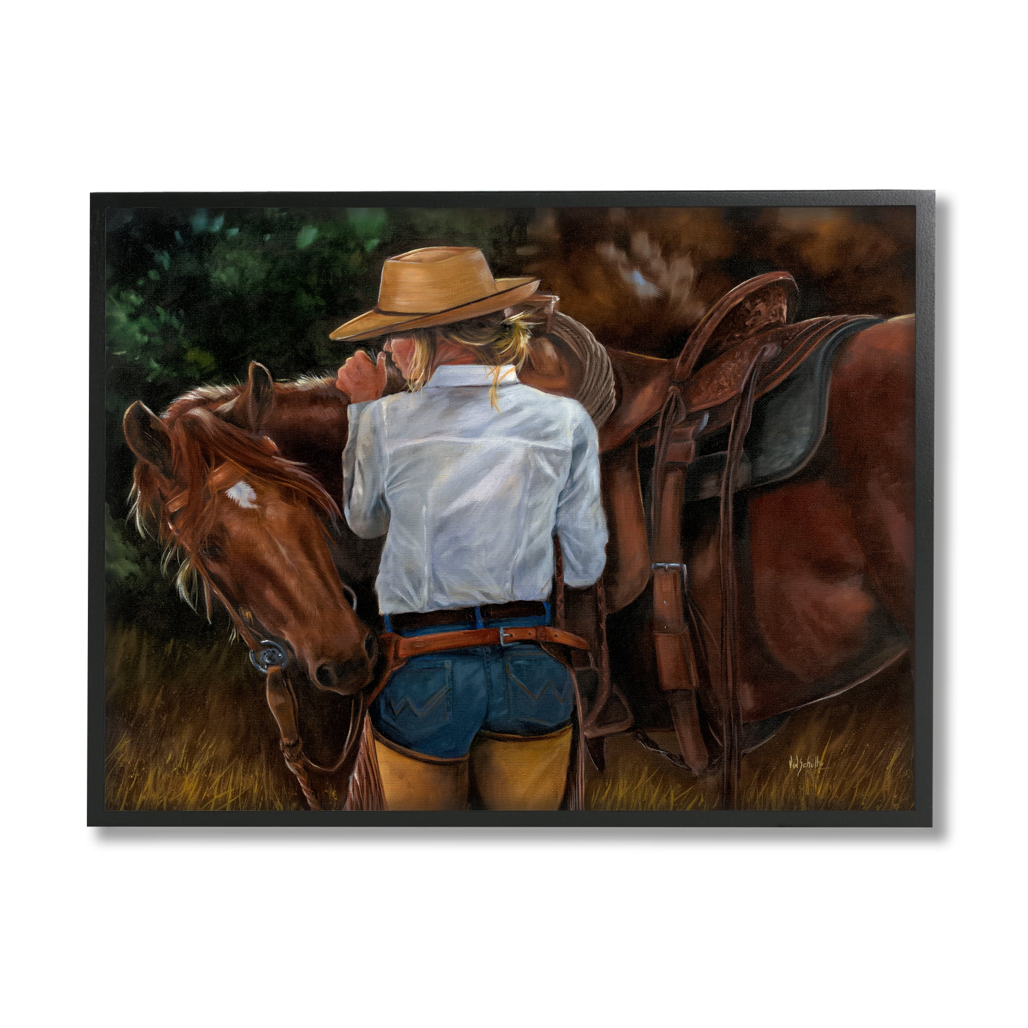 Stupell Industries Cowgirl Tending to Horse Animals & Insects Painting Black Framed Art Print Wall Art, 30 x 24