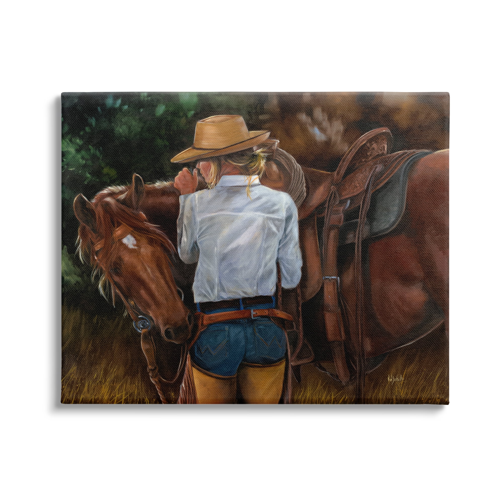 Stupell Industries Cowgirl Tending to Horse Animals & Insects Painting Gallery Wrapped Canvas Art Print Wall Art, 48 x 36