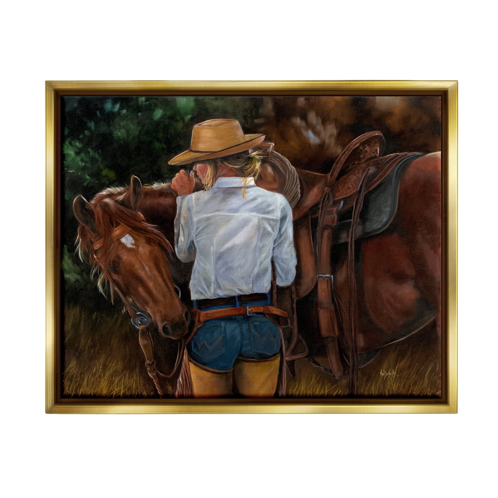 Stupell Industries Cowgirl Tending to Horse Animals & Insects Painting Gold Floater Framed Canvas Art Print Wall Art, 31 x 25