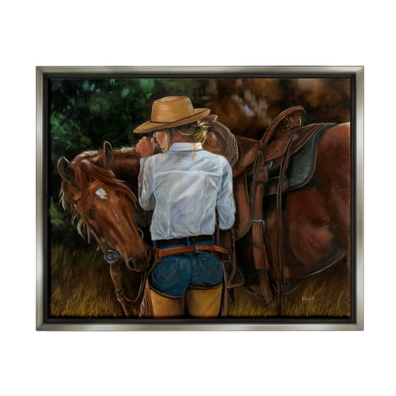 Stupell Industries Cowgirl Tending to Horse Animals & Insects Painting Gray Floater Framed Canvas Art Print Wall Art, 21 x 17