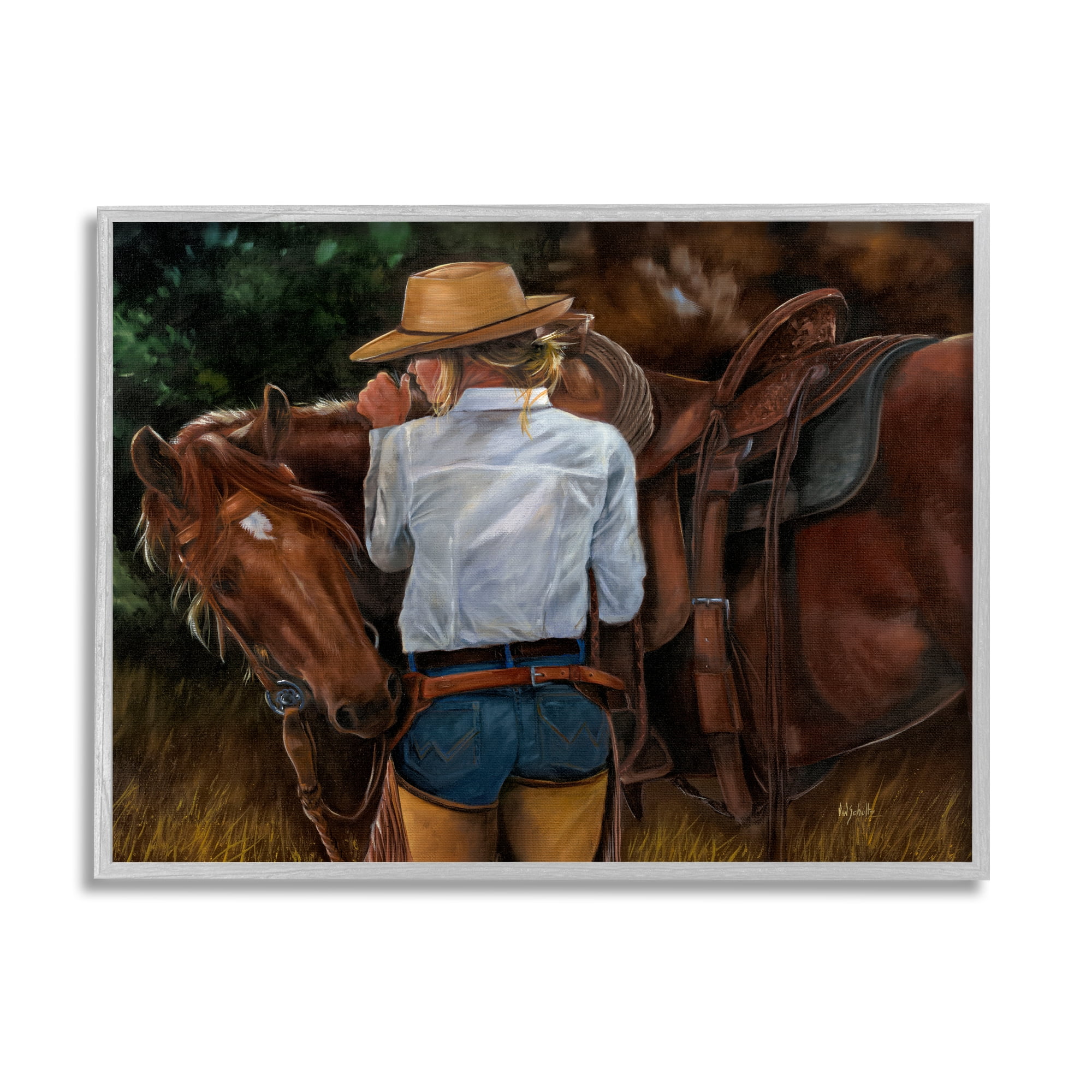 Stupell Industries Cowgirl Tending to Horse Animals & Insects Painting Gray Framed Art Print Wall Art, 20 x 16