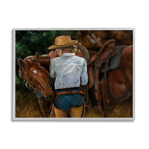 Stupell Industries Cowgirl Tending to Horse Animals & Insects Painting Gray Framed Art Print Wall Art, 30 x 24