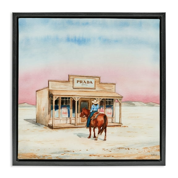 Stupell Industries Cowgirl at Desert Shop Fashion Painting Black Floater Framed Canvas Art Print Wall Art, 18 x 18