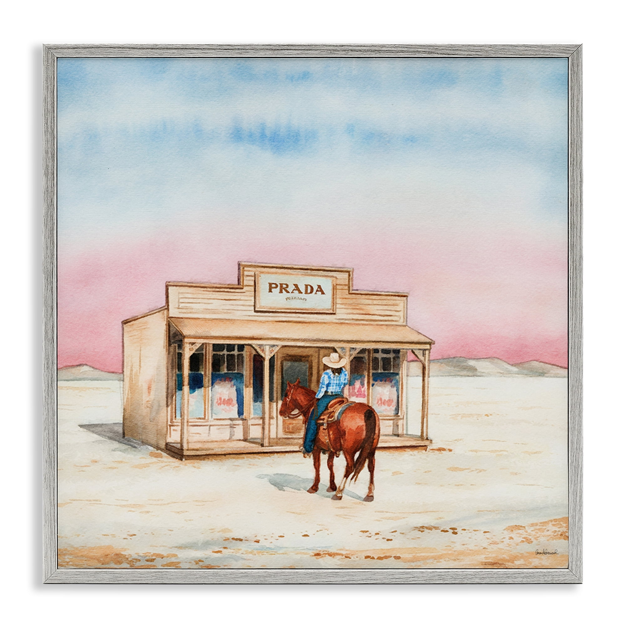 Stupell Industries Cowgirl at Desert Shop Fashion Painting Gray Framed Art Print Wall Art, 24 x 24