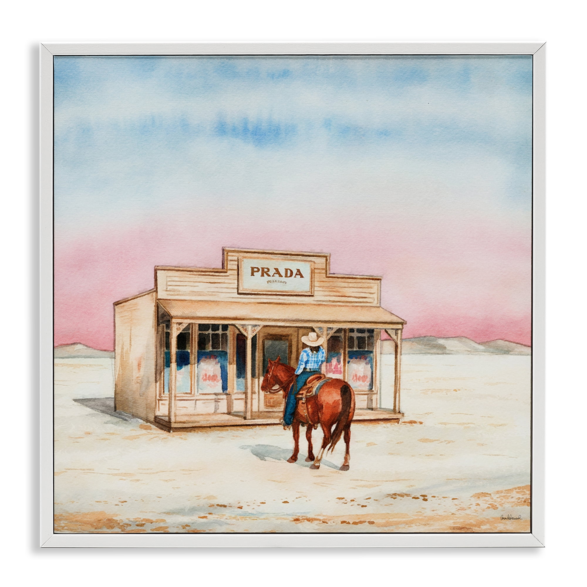 Stupell Industries Cowgirl at Desert Shop Fashion Painting White Framed Art Print Wall Art, 24 x 24