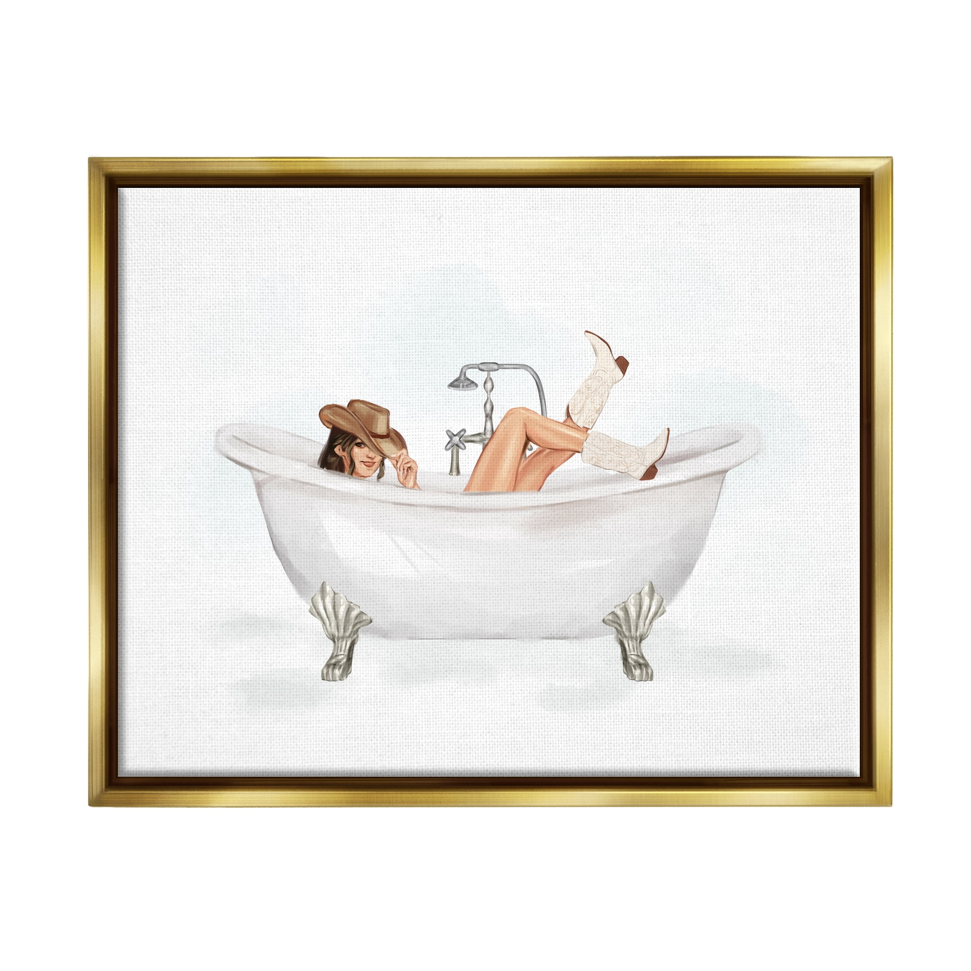 Stupell Industries Cowgirl in Bathtub Typography Painting Gold Floater Framed Canvas Art Print Wall Art, 31 x 25