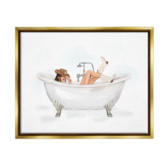 Stupell Industries Cowgirl in Bathtub Typography Painting Gold Floater Framed Canvas Art Print Wall Art, 31 x 25