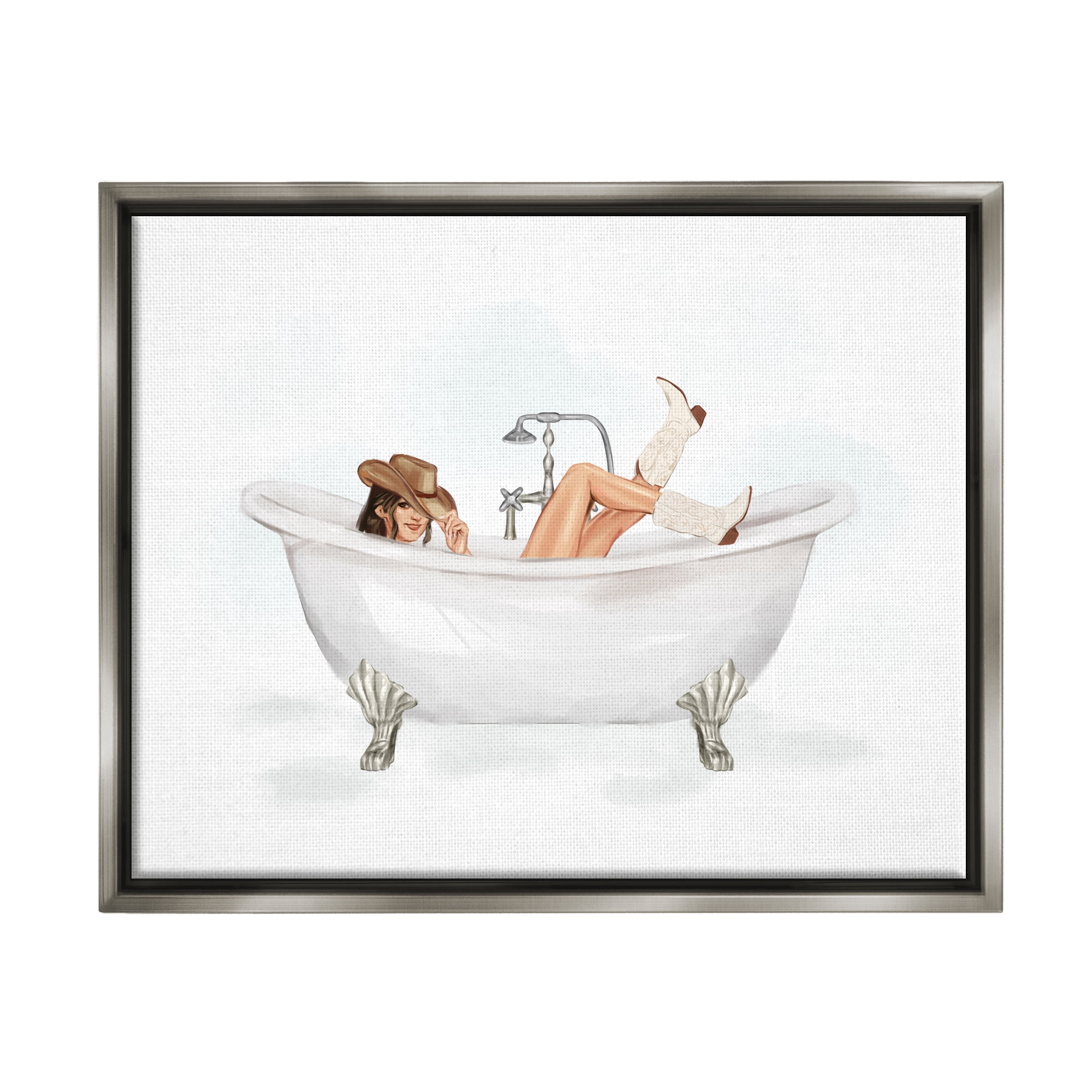 Stupell Industries Cowgirl in Bathtub Typography Painting Gray Floater Framed Canvas Art Print Wall Art, 21 x 17
