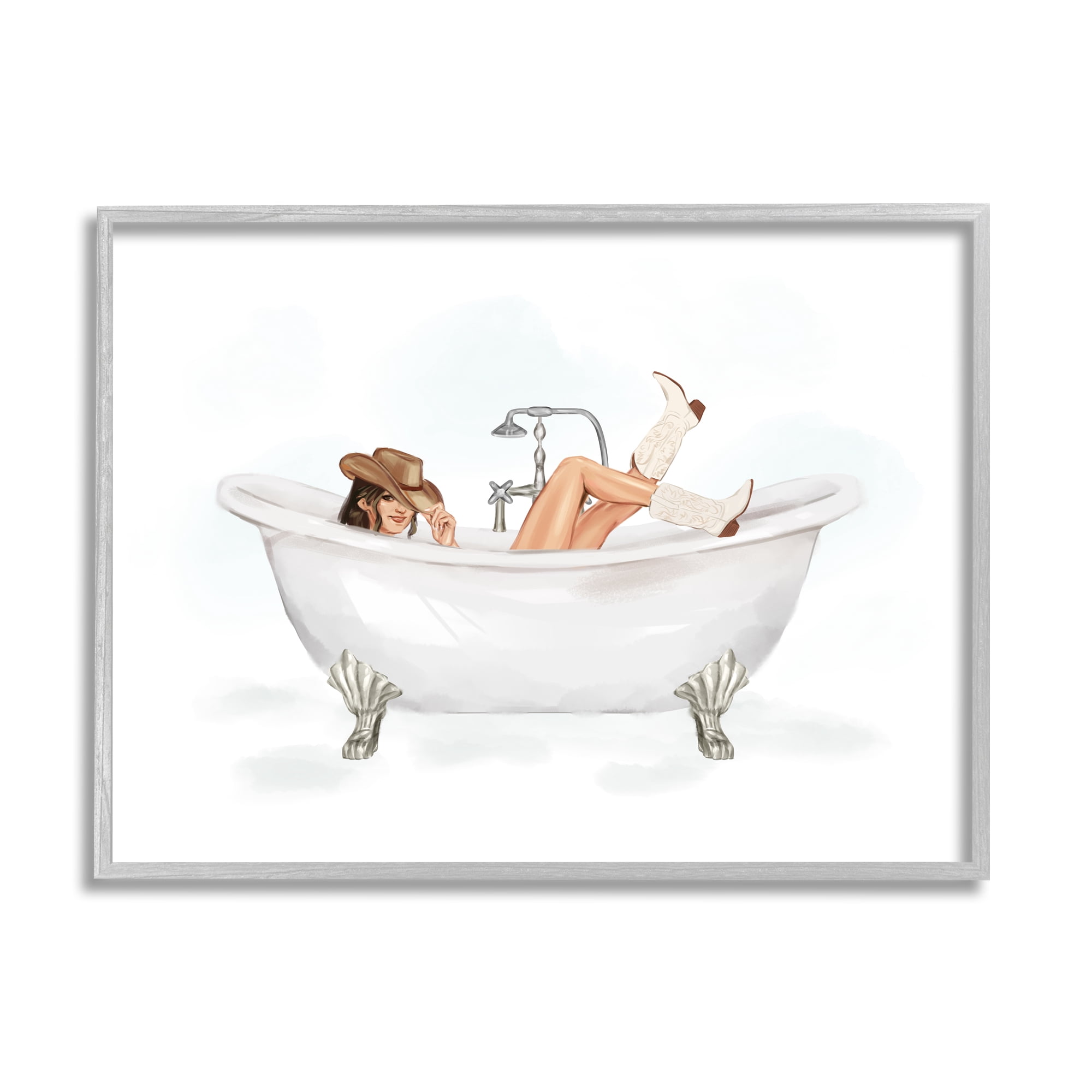 Stupell Industries Cowgirl in Bathtub Typography Painting Gray Framed Art Print Wall Art, 20 x 16