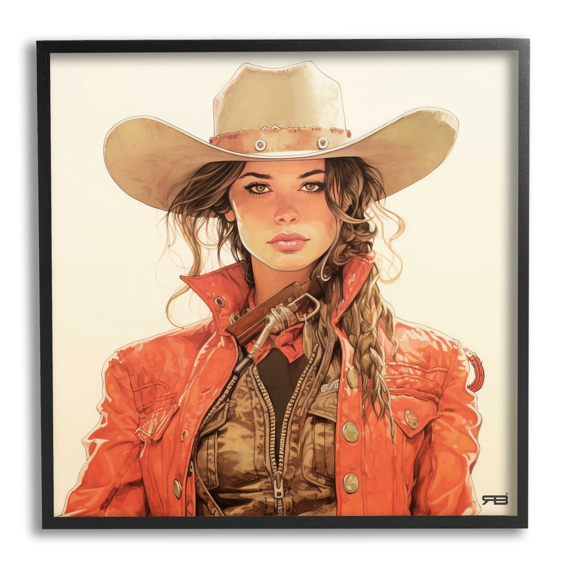 Stupell Industries Cowgirl in Red Jacket Abstract Painting Black Framed Art Print Wall Art, 12 x 12