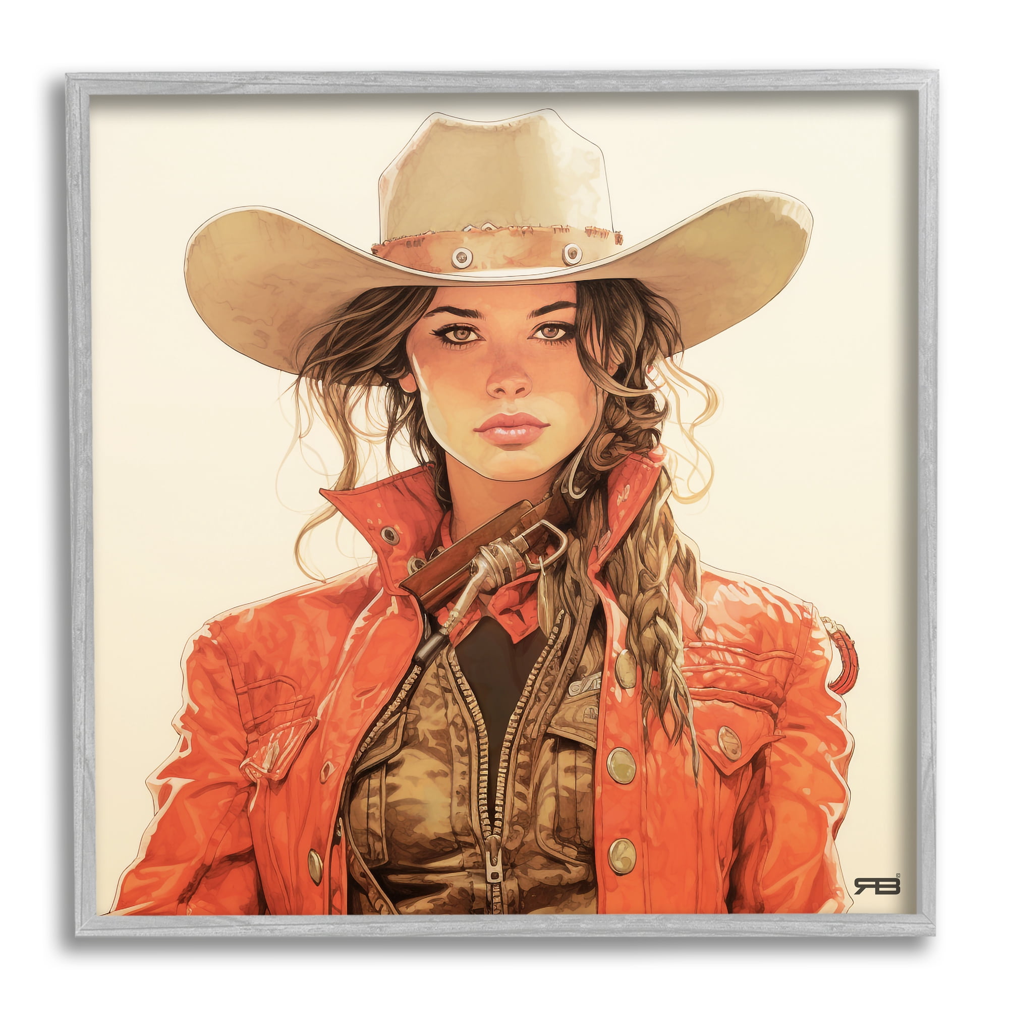 Stupell Industries Cowgirl in Red Jacket Abstract Painting Gray Framed Art Print Wall Art, 17 x 17