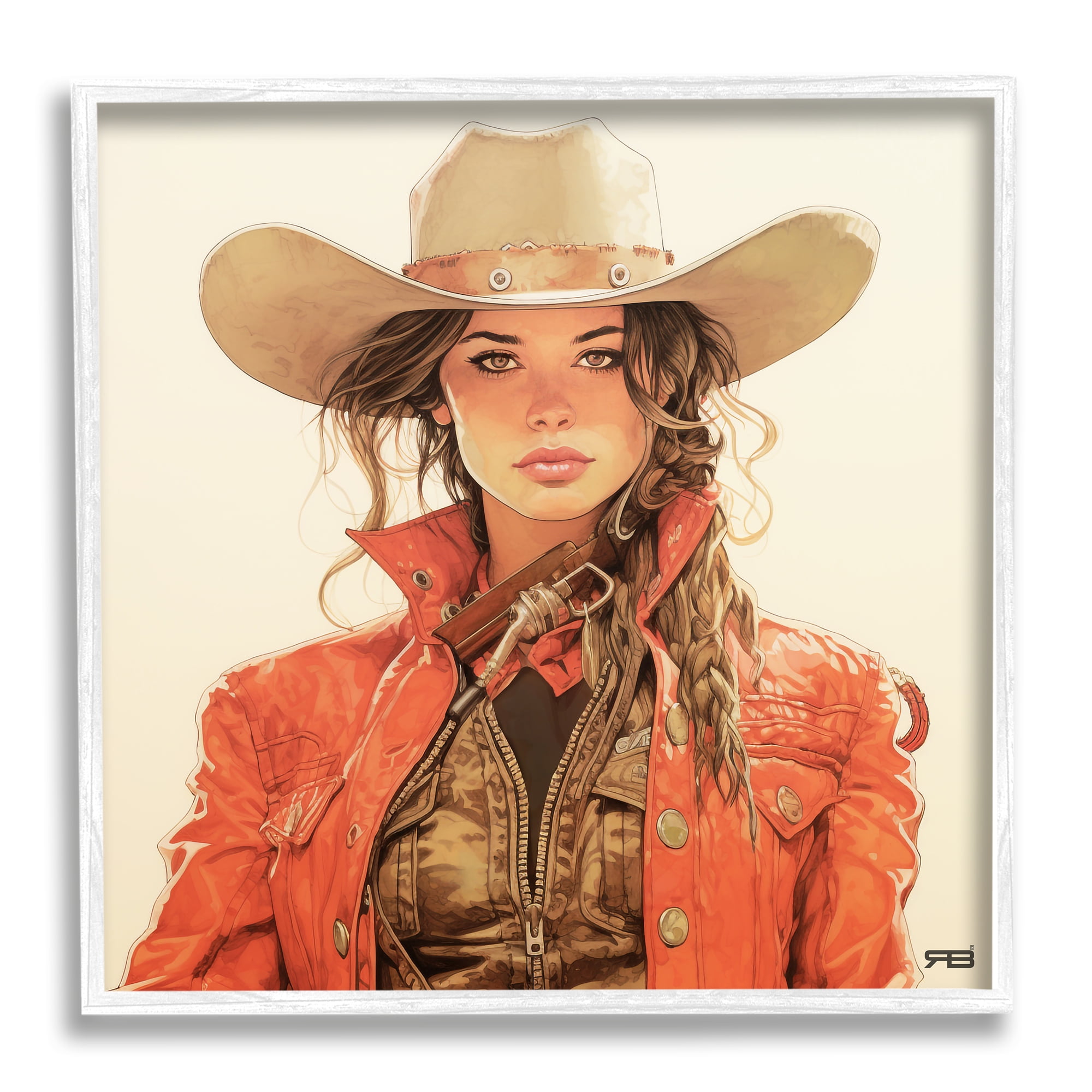Stupell Industries Cowgirl in Red Jacket Abstract Painting White Framed Art Print Wall Art, 12 x 12