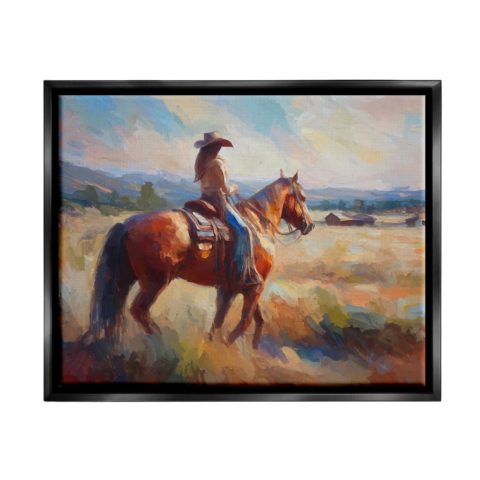 Stupell Industries Cowgirl in Western Scene Animals & Insects Painting Black Floater Framed Canvas Art Print Wall Art, 21 x 17
