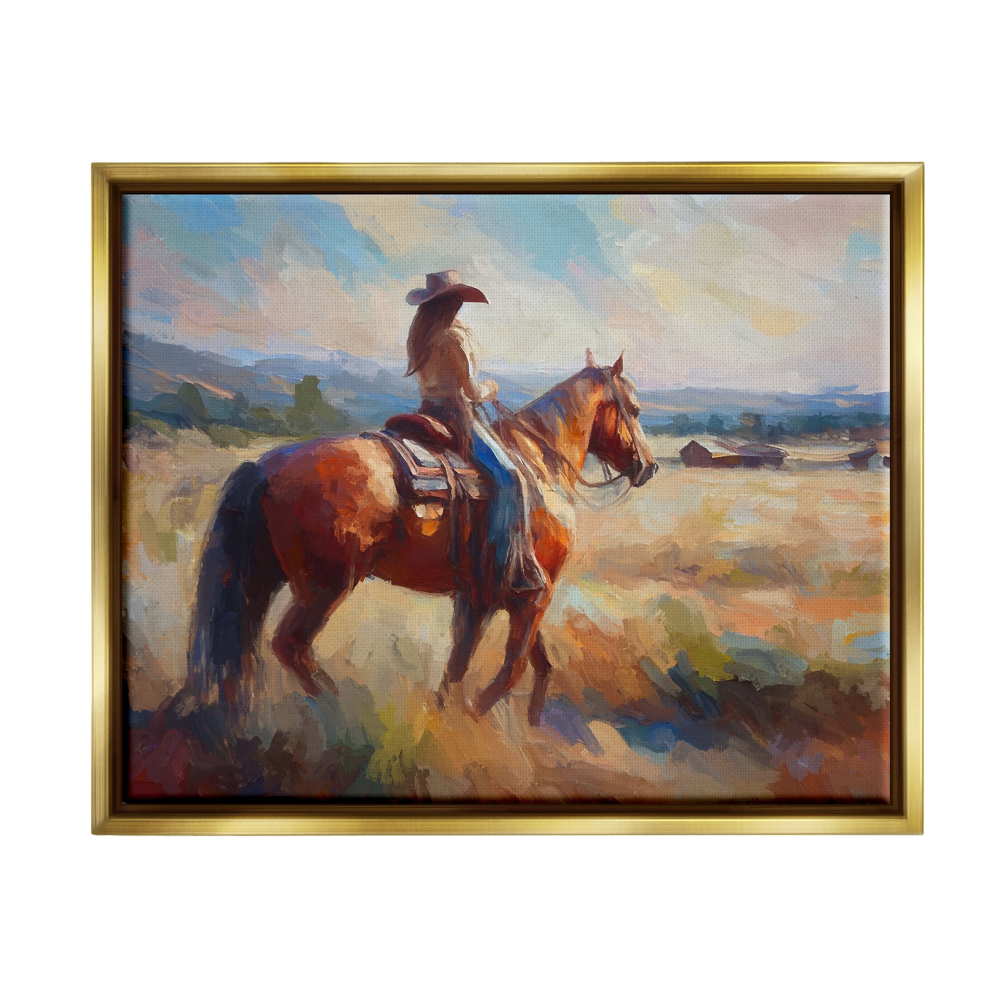 Stupell Industries Cowgirl in Western Scene Animals & Insects Painting Gold Floater Framed Canvas Art Print Wall Art, 31 x 25