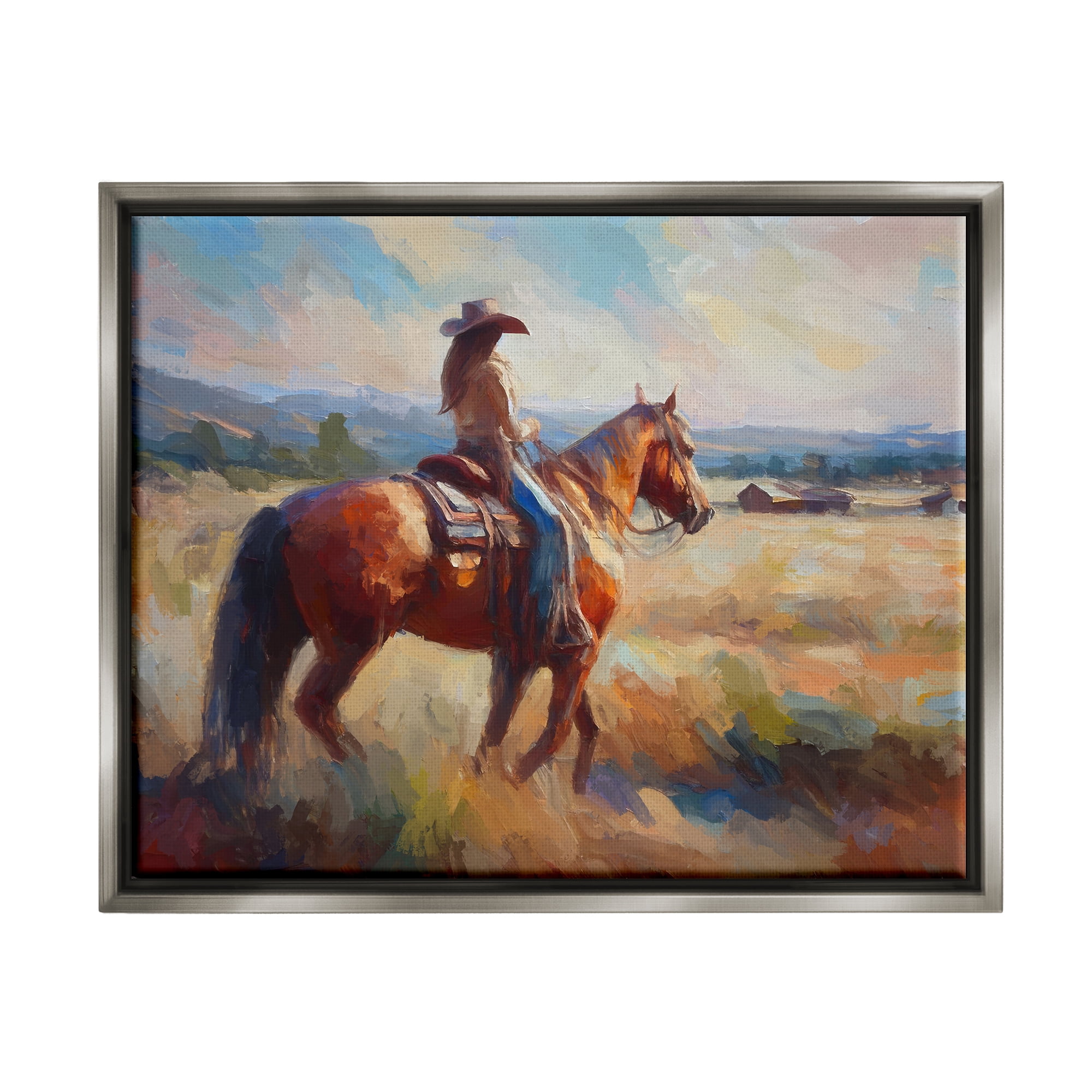 Stupell Industries Cowgirl in Western Scene Animals & Insects Painting Gray Floater Framed Canvas Art Print Wall Art, 21 x 17