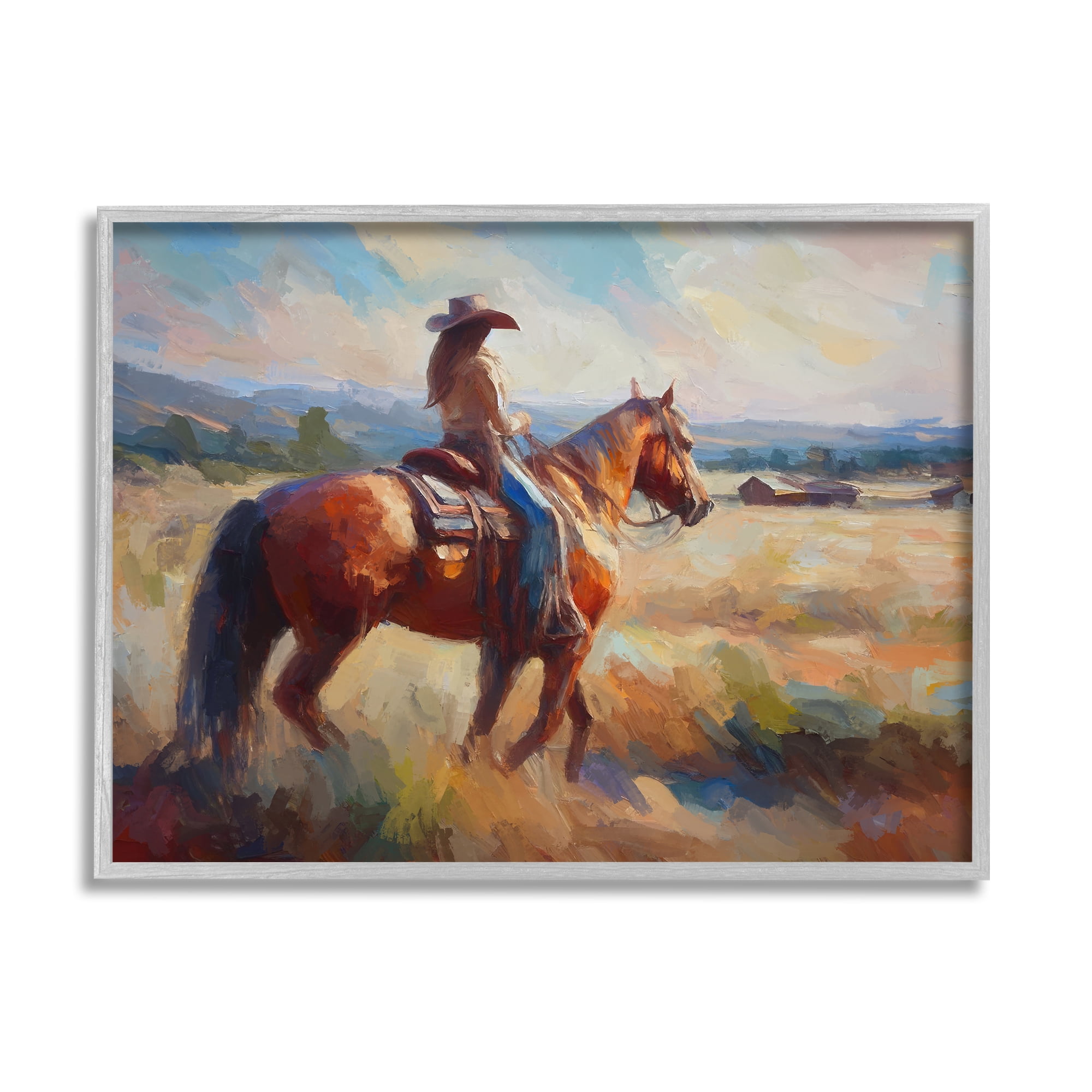 Stupell Industries Cowgirl in Western Scene Animals & Insects Painting Gray Framed Art Print Wall Art, 14 x 11