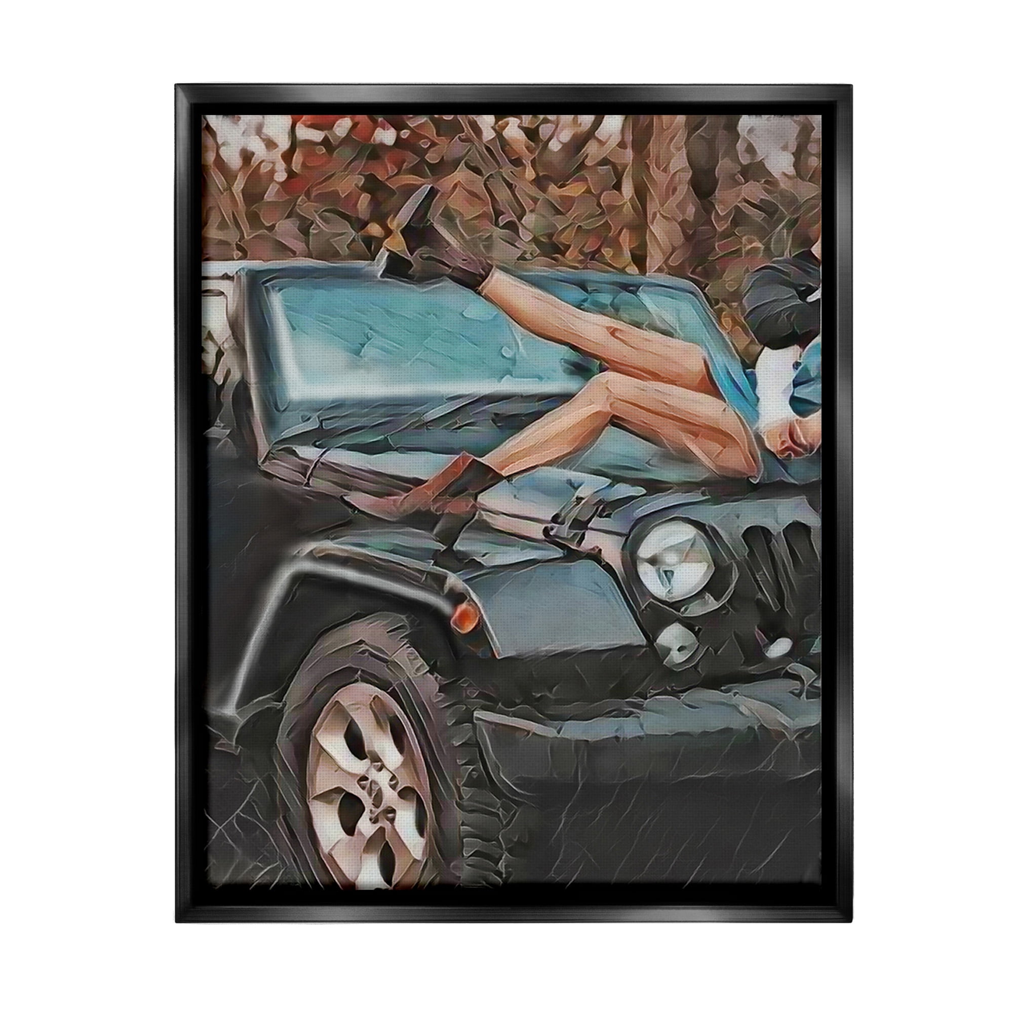 Stupell Industries Cowgirl on Car Hood Transportation Painting Black Floater Framed Canvas Art Print Wall Art, 17 x 21