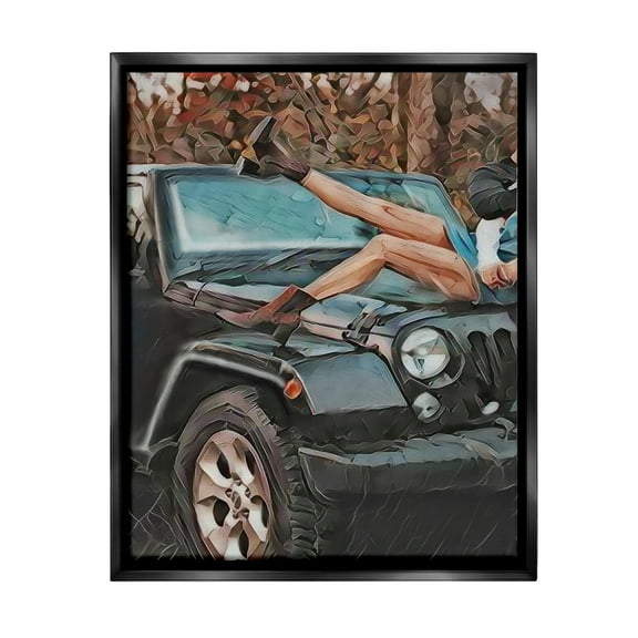 Stupell Industries Cowgirl on Car Hood Transportation Painting Black Floater Framed Canvas Art Print Wall Art, 17 x 21