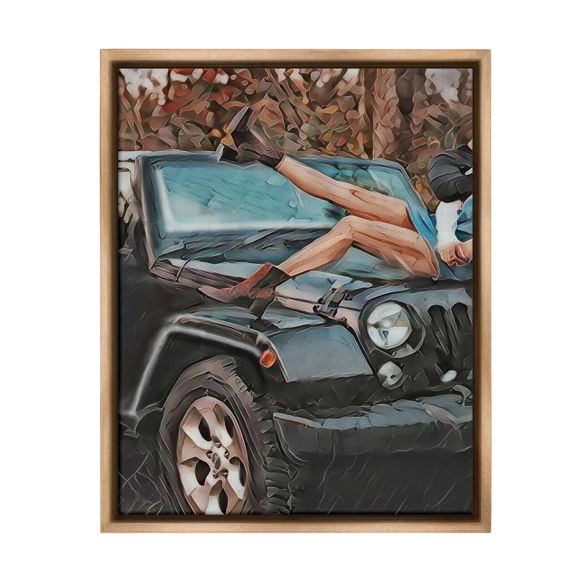 Stupell Industries Cowgirl on Car Hood Transportation Painting Brown Floater Framed Canvas Art Print Wall Art, 17 x 21