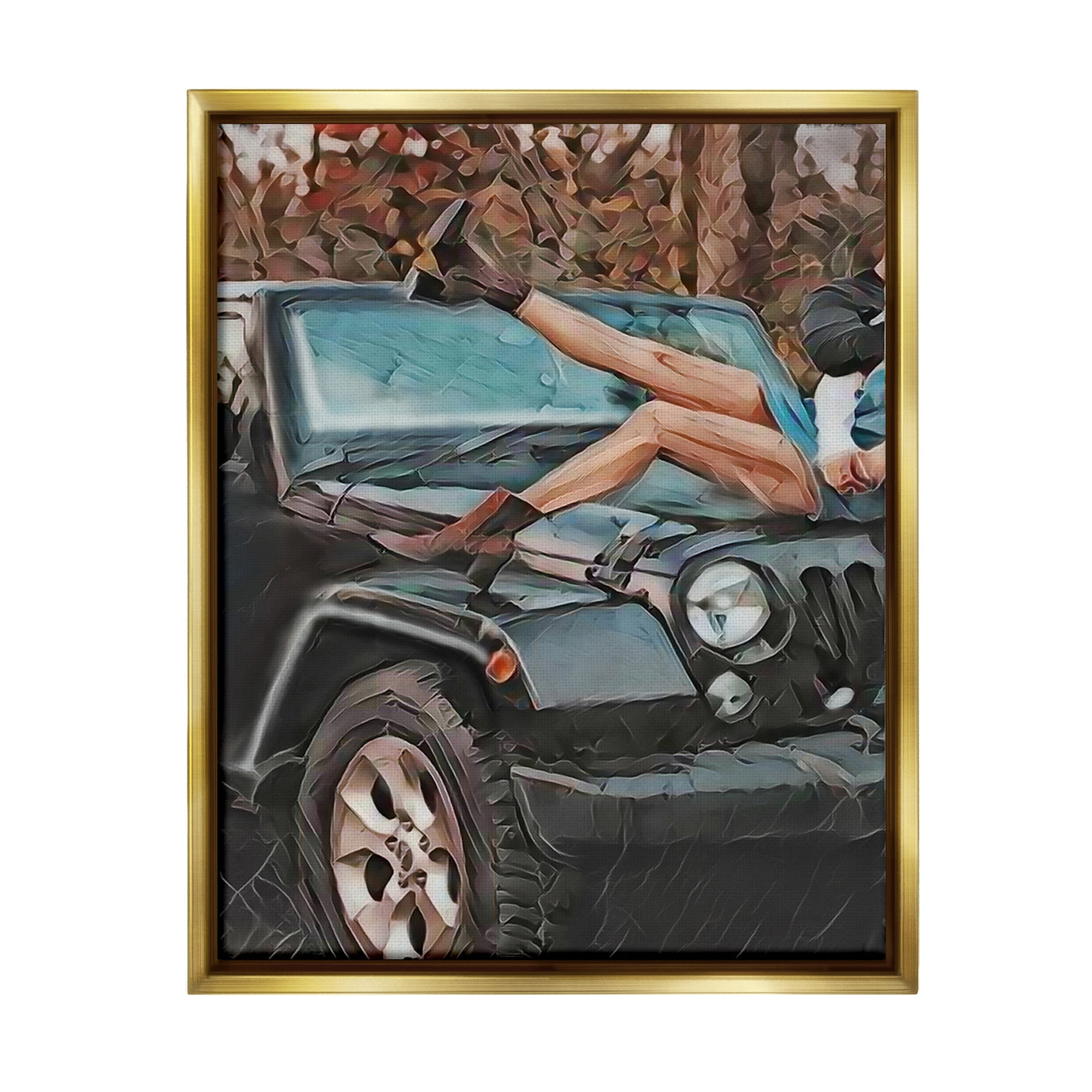 Stupell Industries Cowgirl on Car Hood Transportation Painting Gold Floater Framed Canvas Art Print Wall Art, 17 x 21